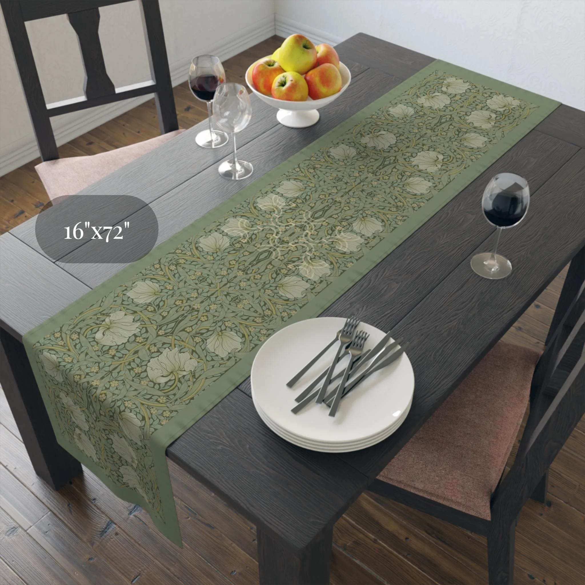 William Morris Pimpernel Sage Table Runner: Vintage Wallpaper-Inspired Botanical Art Nouveau Decor