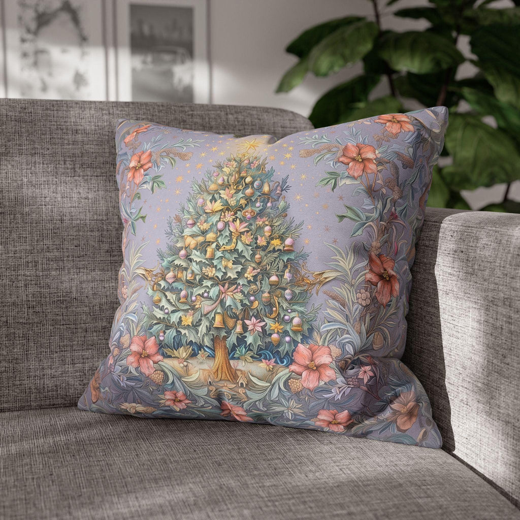 William Morris Christmas Pillow Cover: Frosted Pastel Tree, Lilac and Pink Botanical Holiday