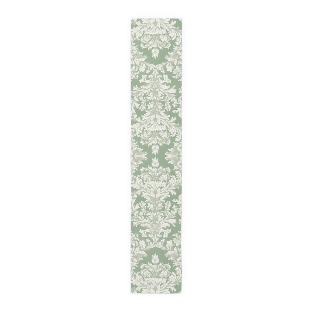 Elegant Muted Green Damask Table Runner: Timeless Floral Design for Weddings, Dining & Home Decor
