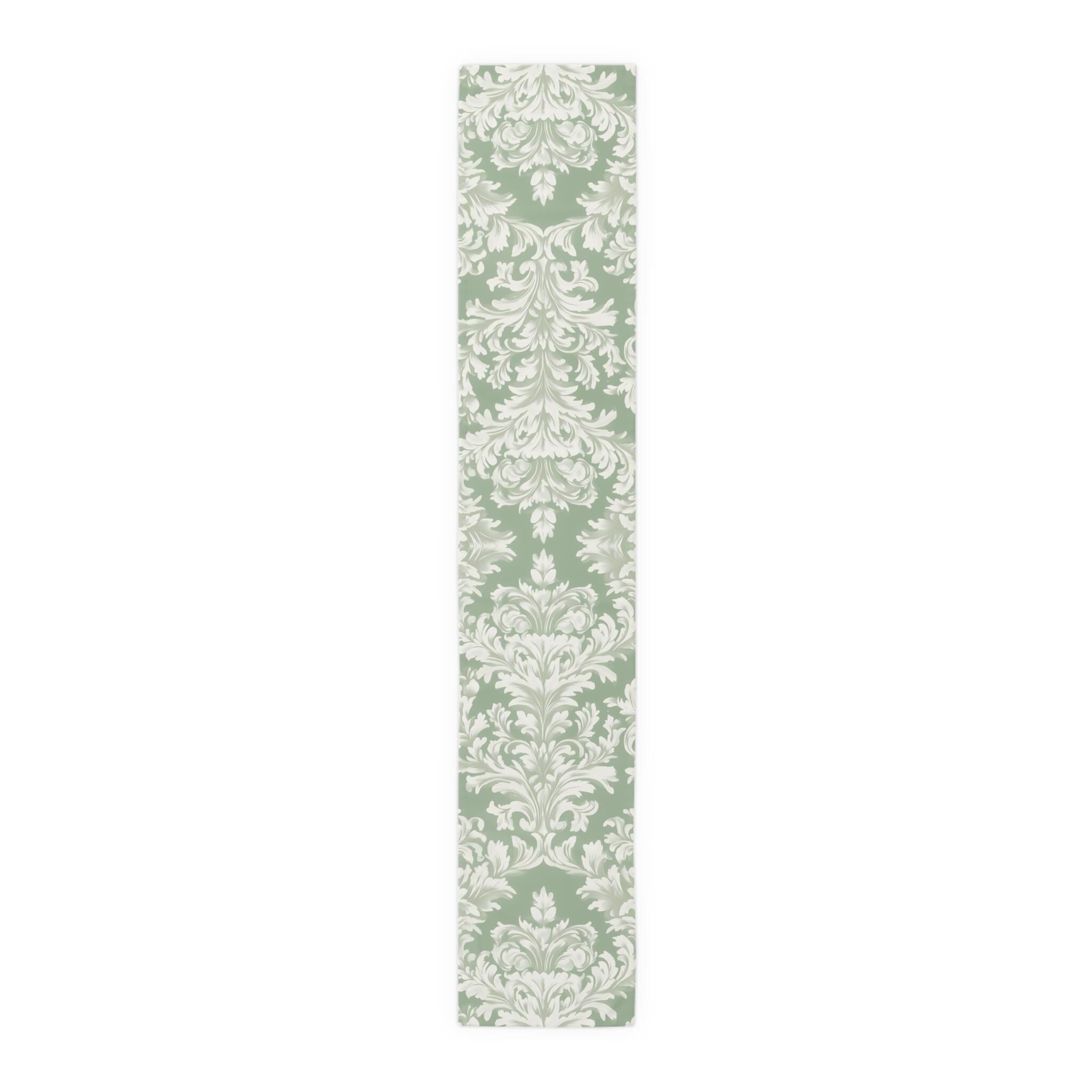 Elegant Muted Green Damask Table Runner: Timeless Floral Design for Weddings, Dining & Home Decor