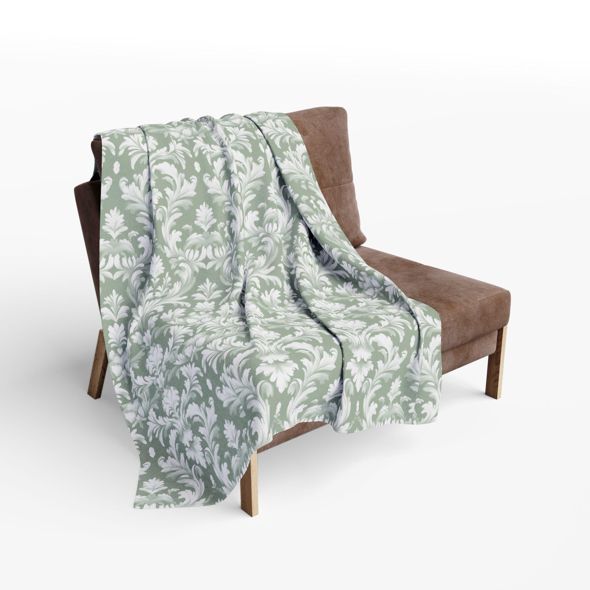 Damask Pattern Pastel Green Fleece Blanket, Vintage Style Throw Blanket for Living Room Bedroom