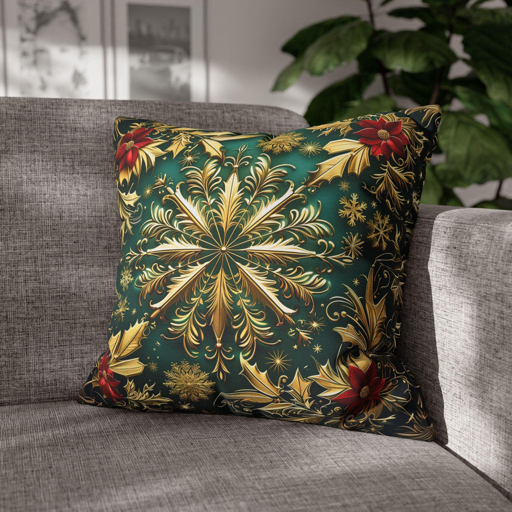 Christmas Snowflake Pillow Cover, Elegant Emerald Green and Gold Design, Luxury Cushion Cover