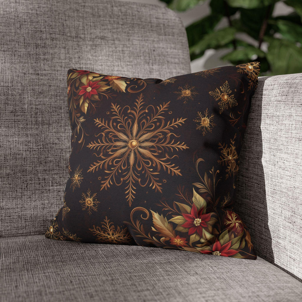 Luxurious Snowflake Poinsettia Pillowcase, Burgundy & Gold Christmas Winter Decor, Elegant Holiday Pillow Cover