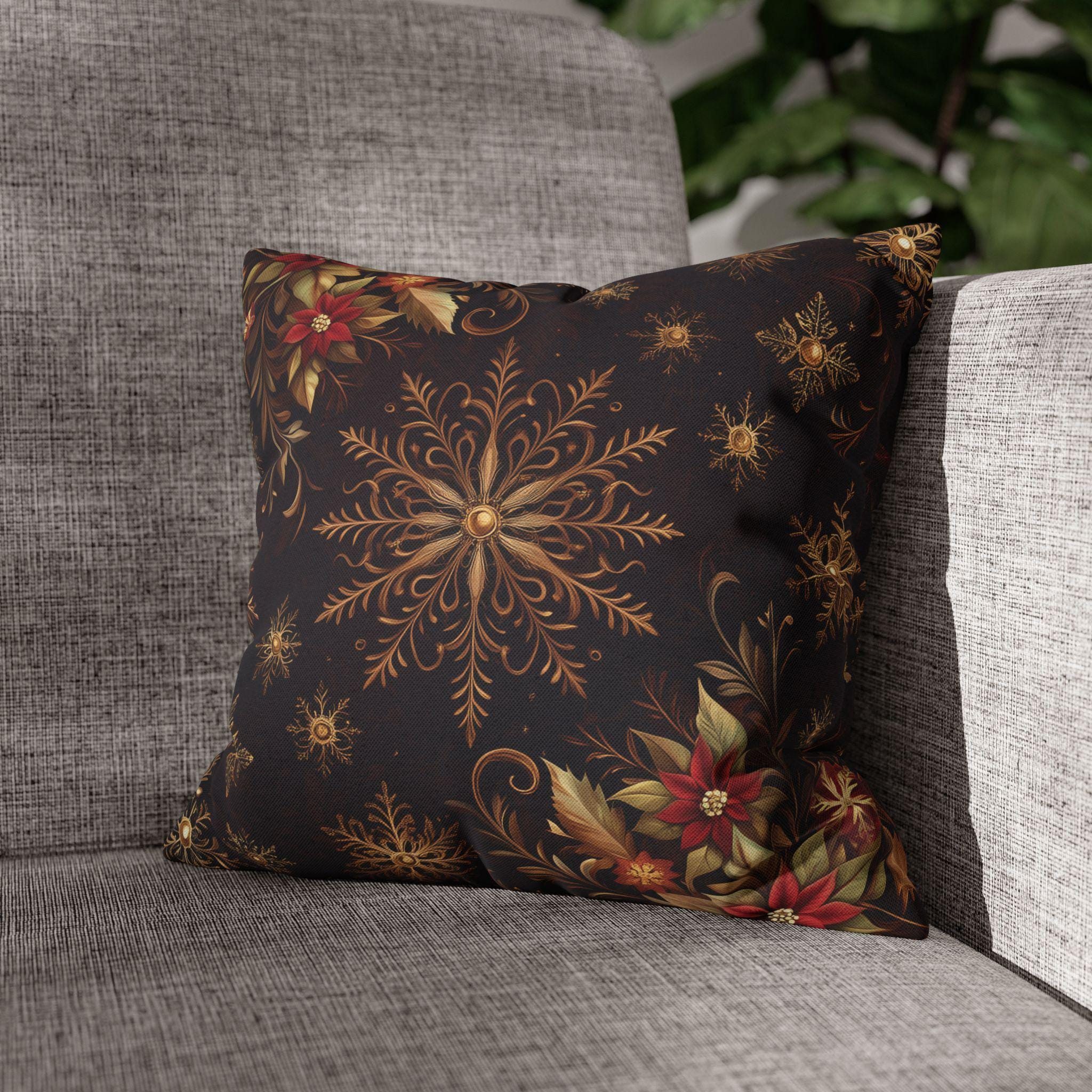 Luxurious Snowflake Poinsettia Pillowcase, Burgundy & Gold Christmas Winter Decor, Elegant Holiday Pillow Cover