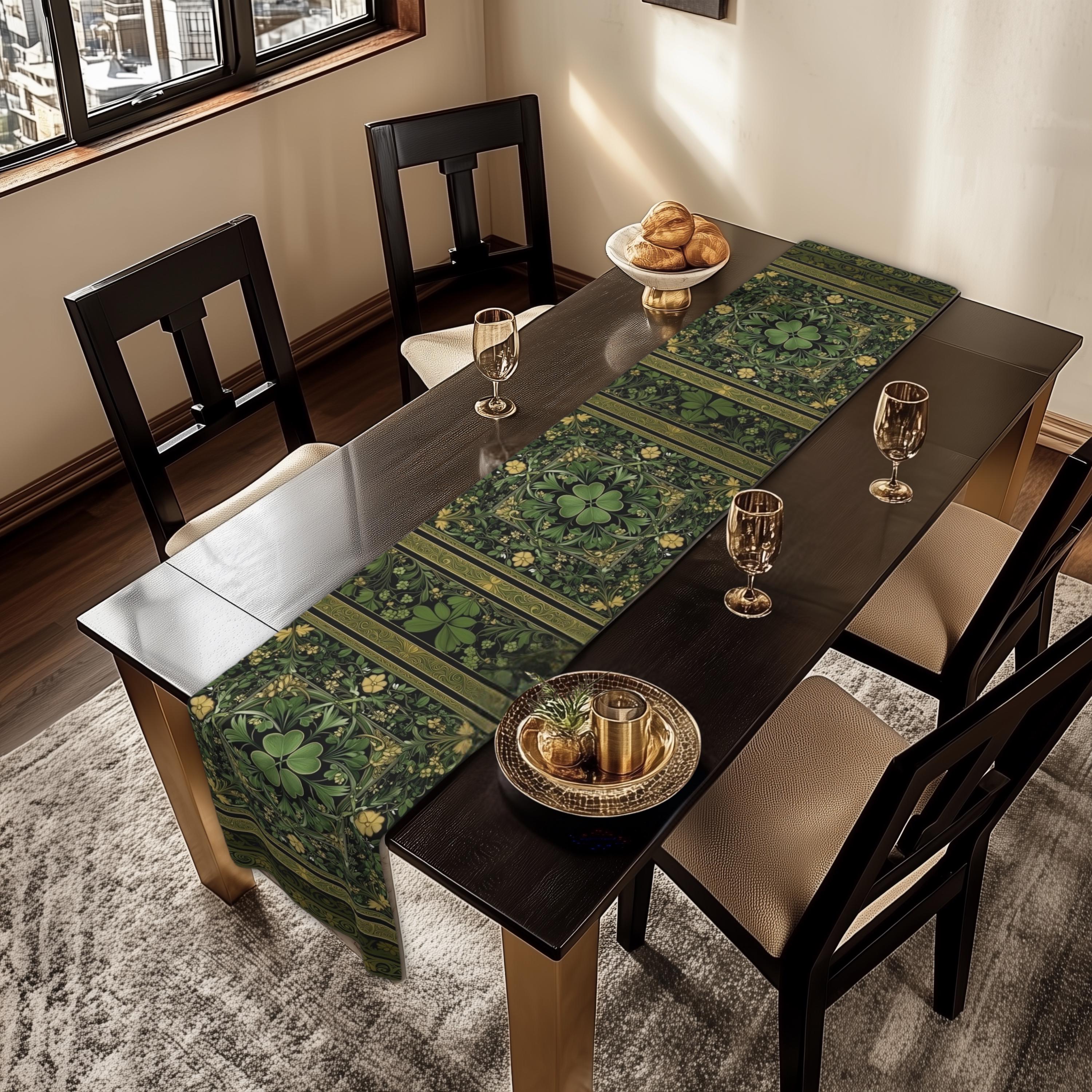 Celtic Clover Botanical Table Runner: William Morris Inspired Green Tapestry