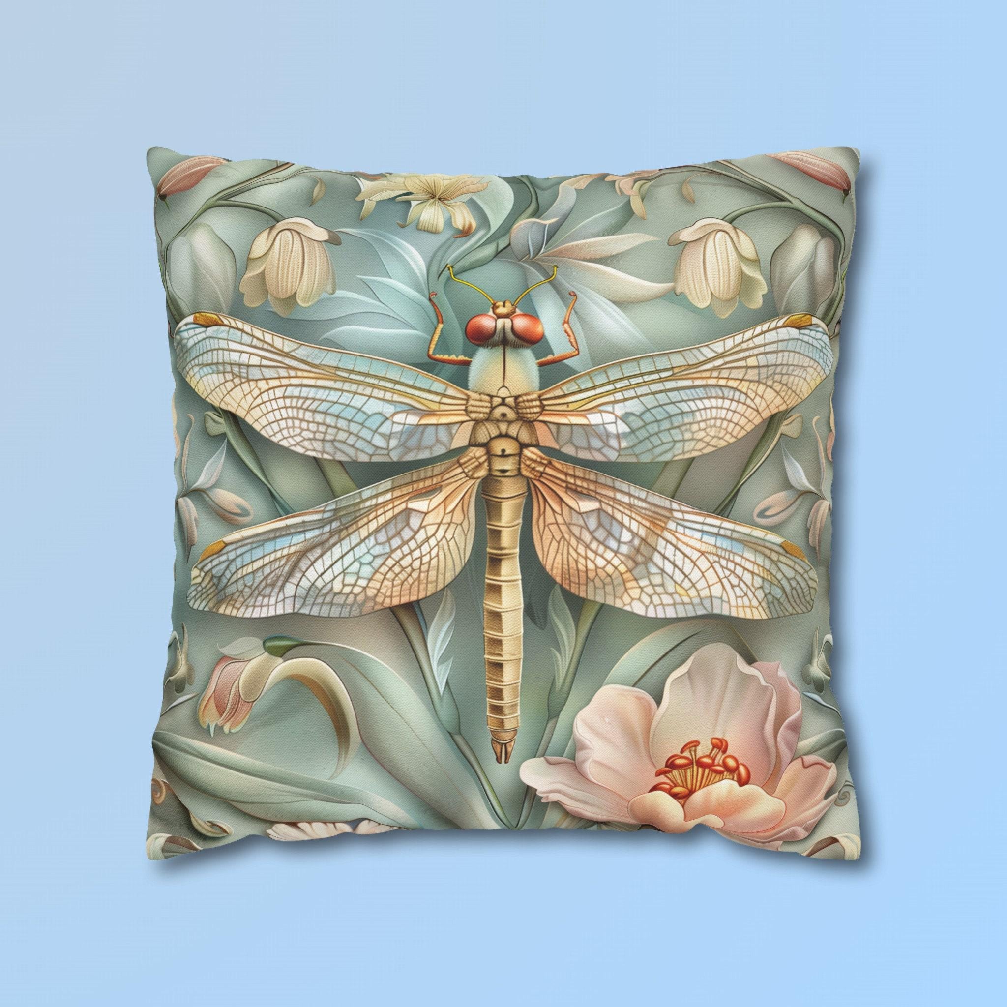 William Morris Inspired Dragonfly Pillow Cover: Elegant Blue, Gold & Pink Nature Design Gift