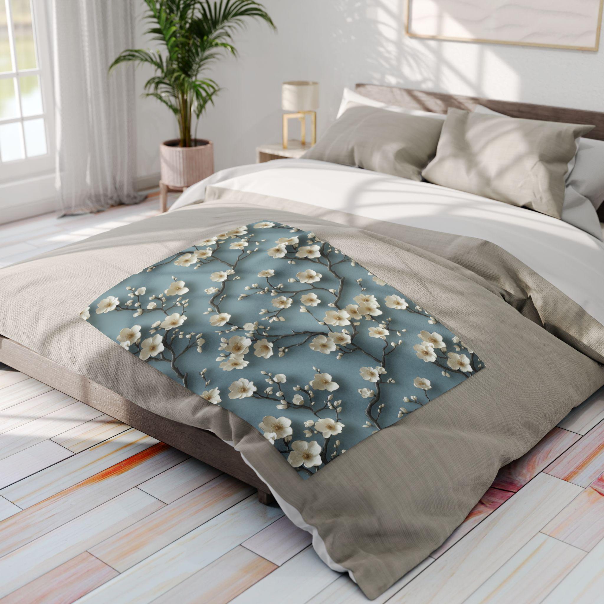 Chinoiserie Fleece Throw: Blue-Teal Gradient with Cream Cherry Blossom Design - Cozy Home Accent