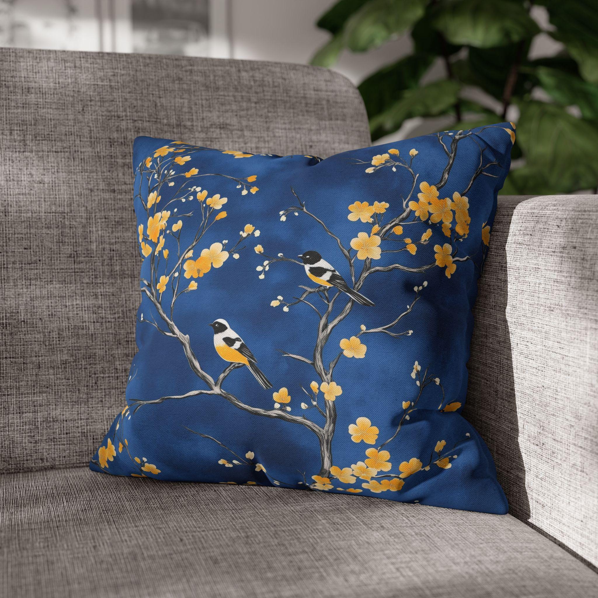 Royal Blue Chinoiserie Pillow Cover: Elegant Asian-Inspired Cushion with Yellow Blossoms and Birds