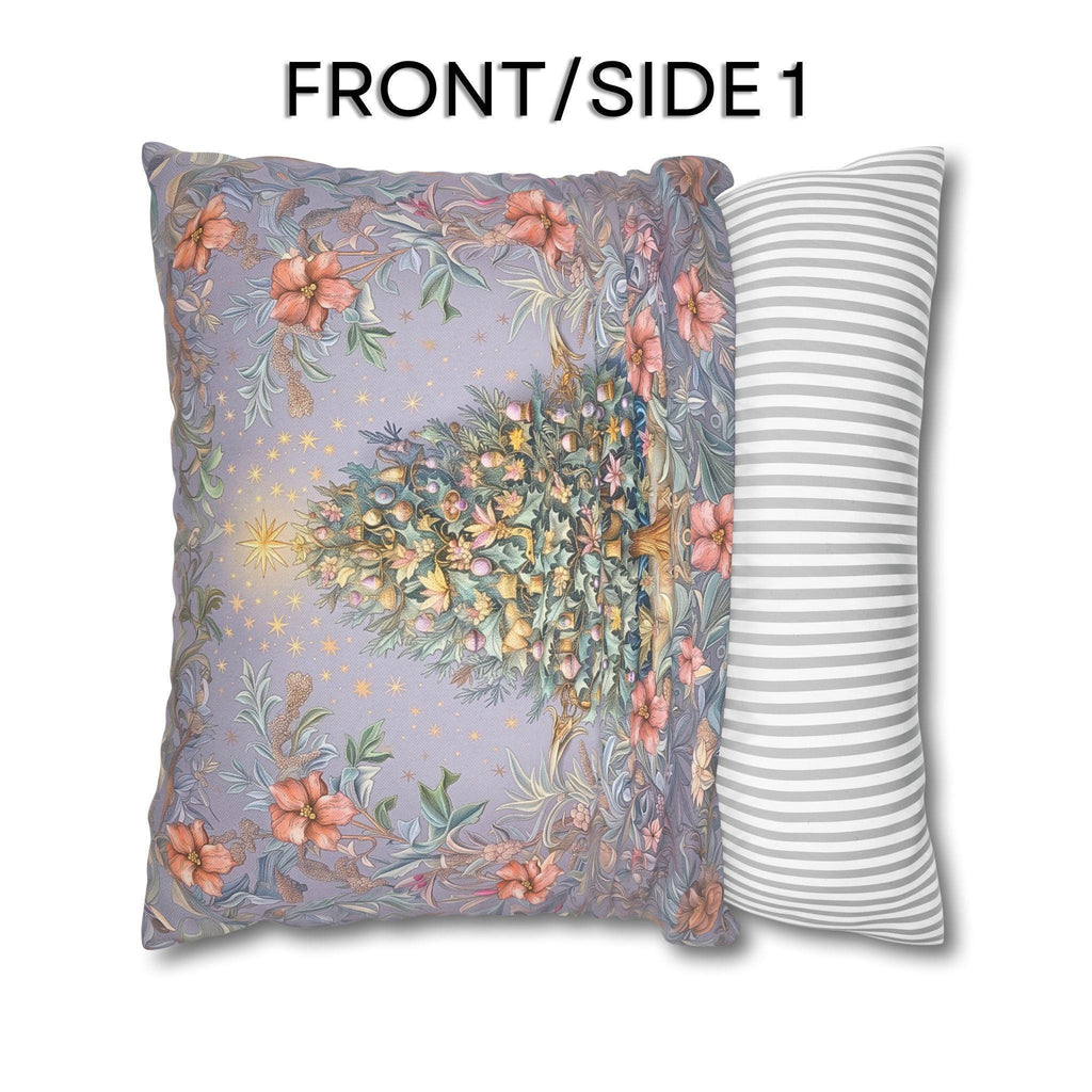 William Morris Christmas Pillow Cover: Frosted Pastel Tree, Lilac and Pink Botanical Holiday