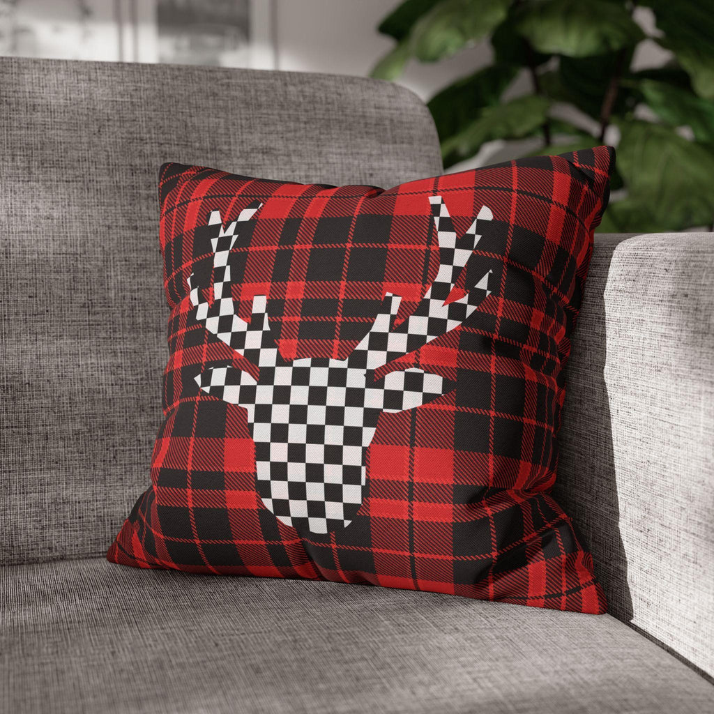 Plaid & Checker Stag Pillow Cover: Modern Rustic Christmas Accent