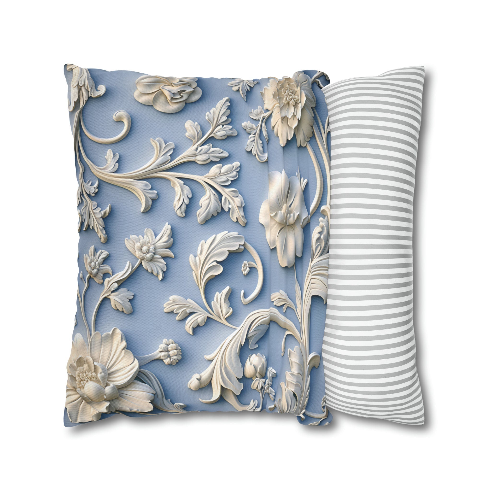 Elegant Chinoiserie Floral Pillow Cover: Soft White & Grey on Powder Blue, Timeless Asian-Inspired Decor