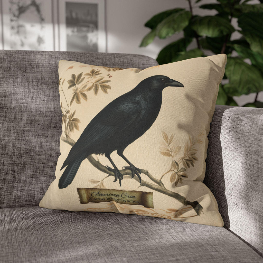 Halloween Crow Pillow Cover: Vintage Style Scientific Bird Illustration