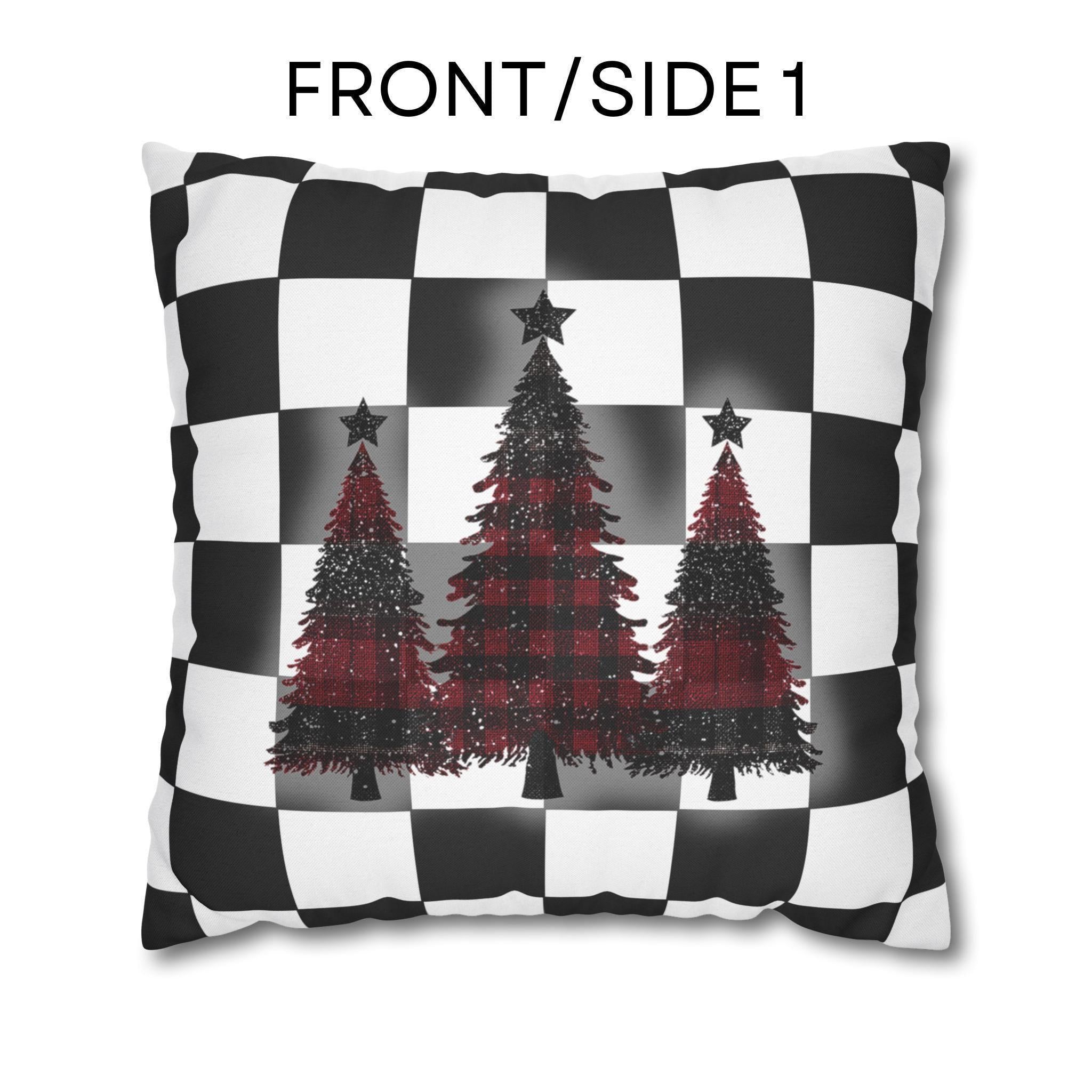 Buffalo Check Christmas Pillow Cover - Red, Black, White Plaid Trees