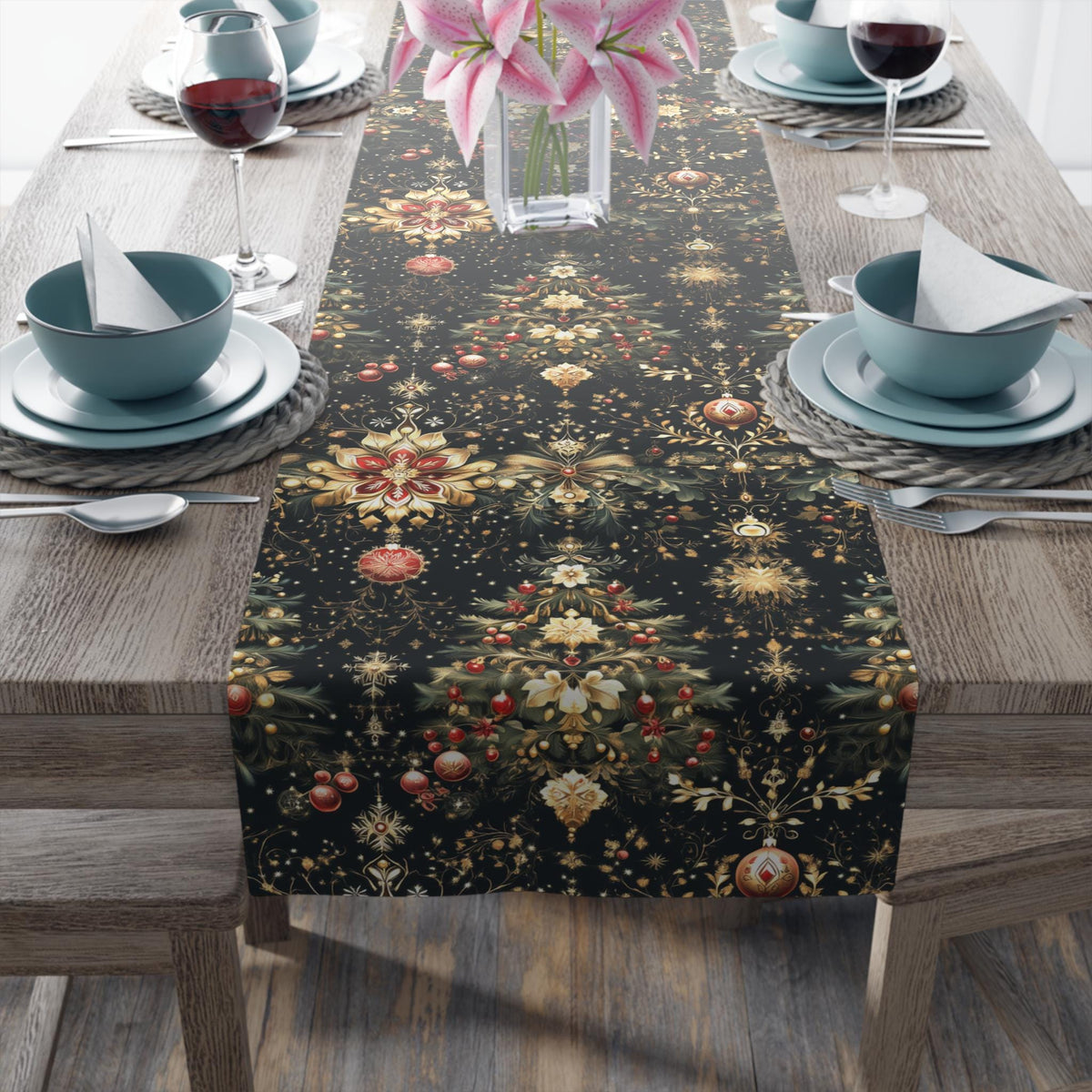Christmas Tree Table Runner: Luxe Gold Red & Green on Deep Charcoal Holiday Table Decor