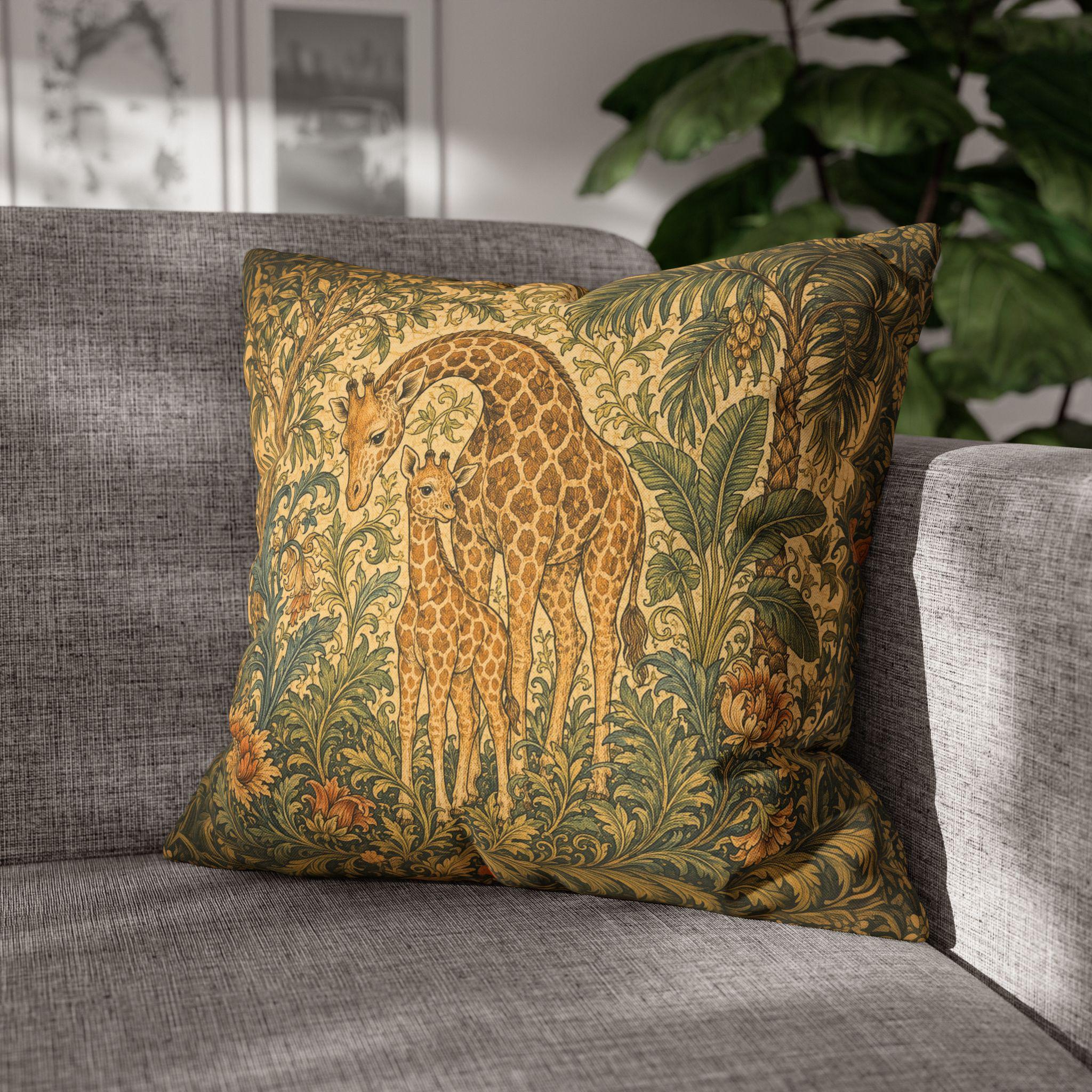 William Morris Style Throw Pillow Cover:  Giraffe Jungle Botanical Design