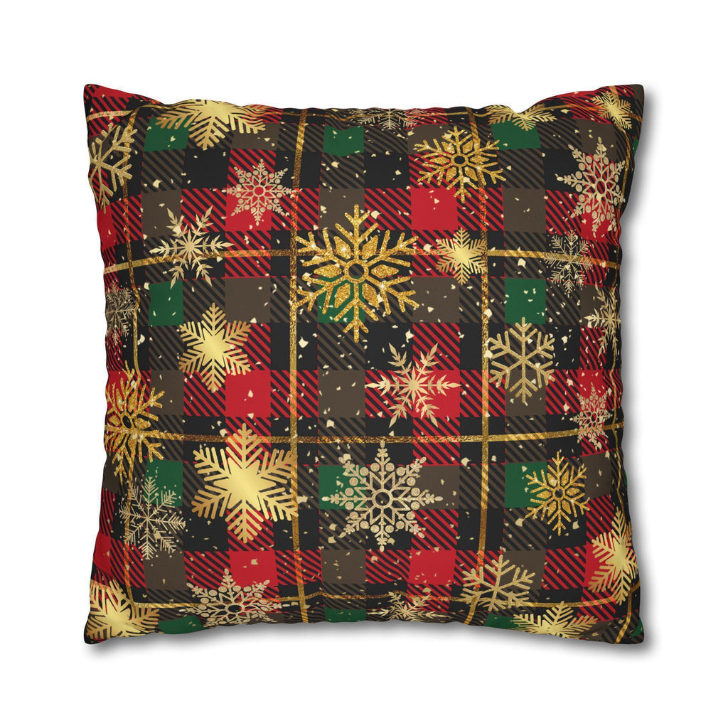 Christmas Plaid Pillow Cover, Gold Snowflakes, Festive Home Decor