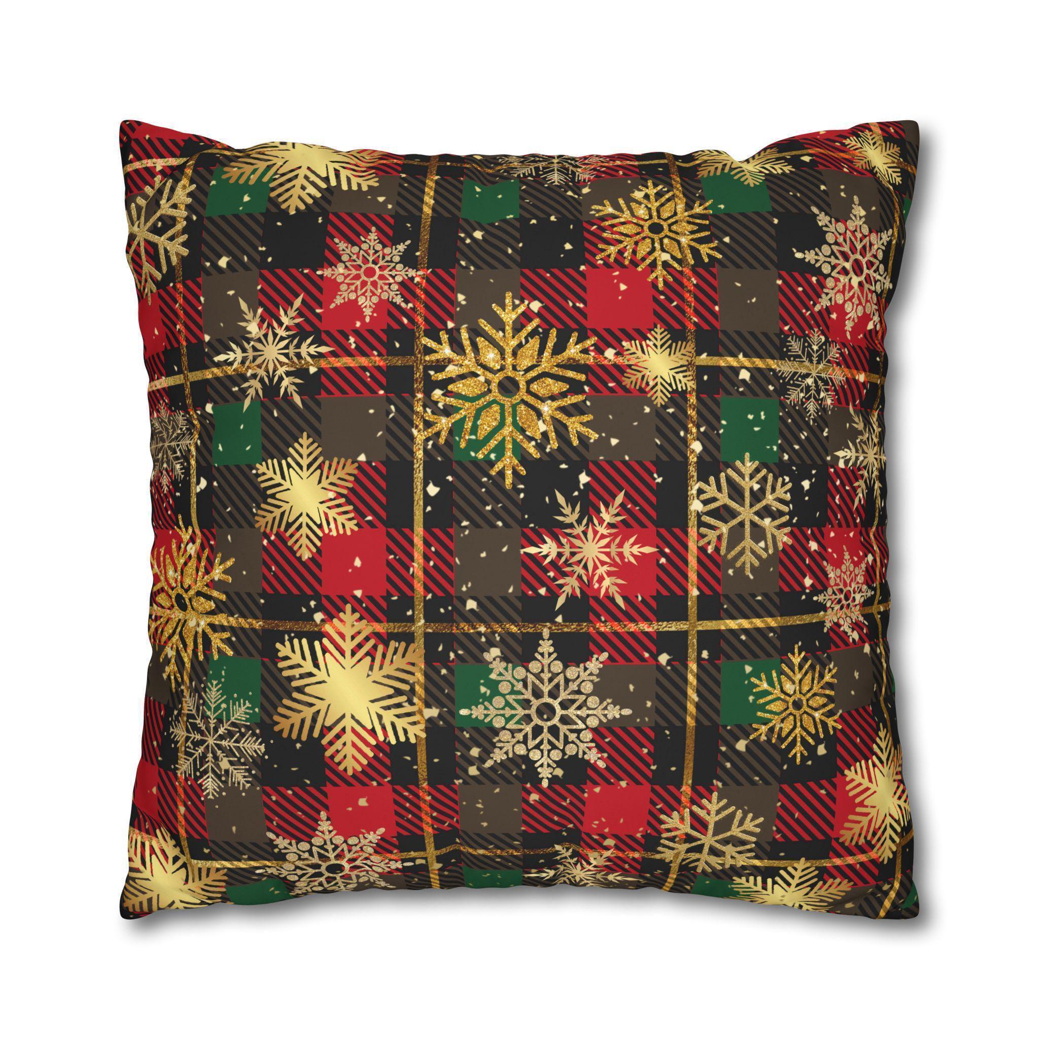 Christmas Plaid Pillow Cover, Gold Snowflakes, Festive Home Decor