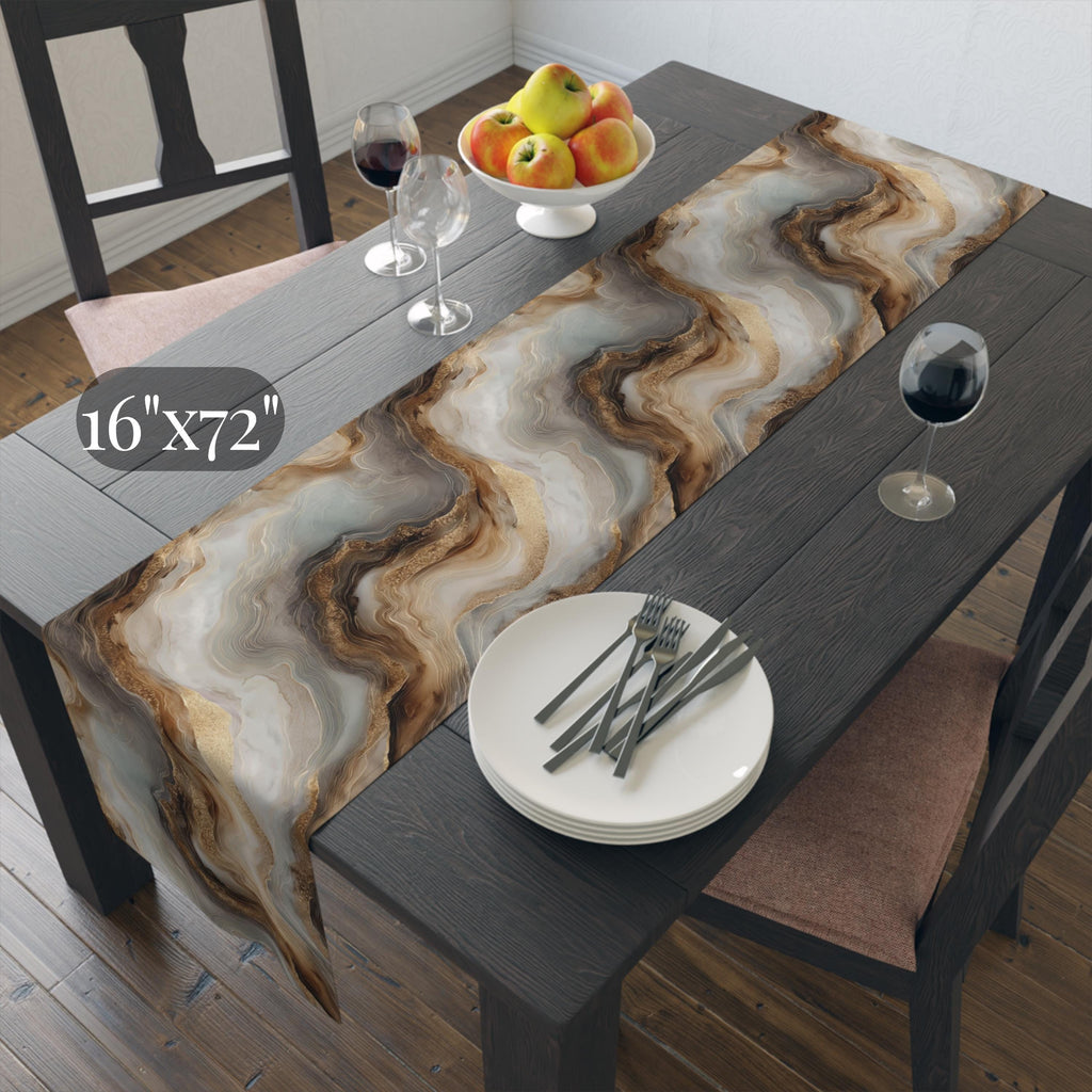 Modern Abstract Table Runner: Brown Marble Look with Gold Color Accents
