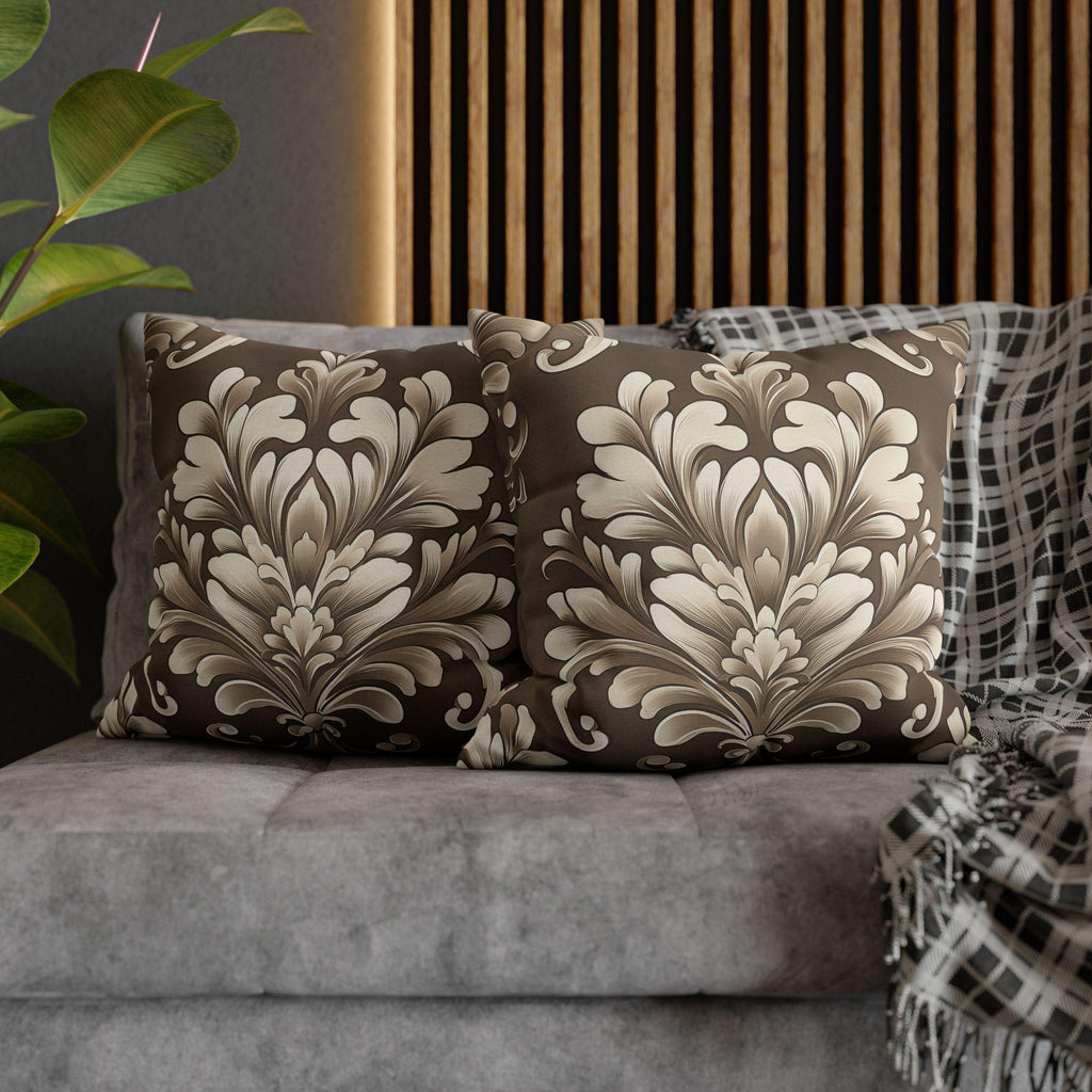 Damask Pillow Cover: Cream Beige Floral on Mocha Brown