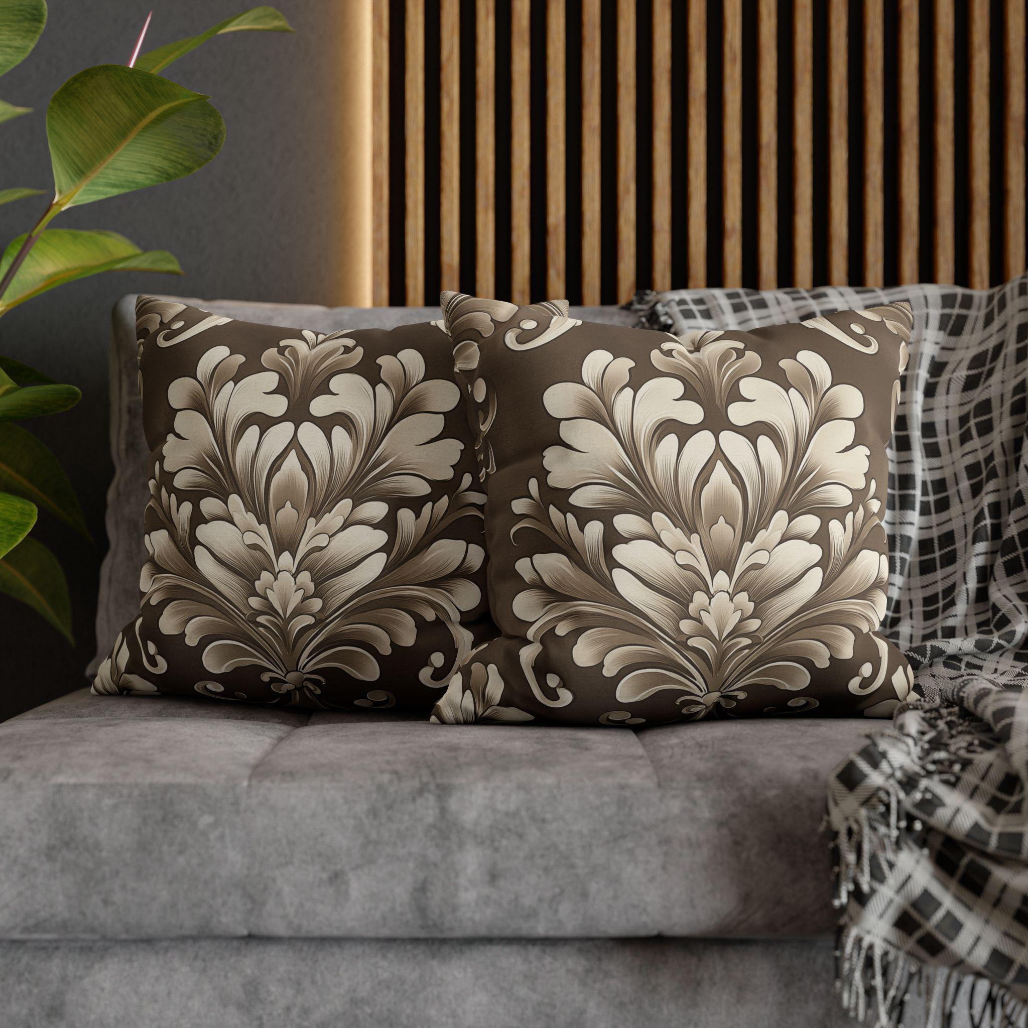 Damask Pillow Cover: Cream Beige Floral on Mocha Brown