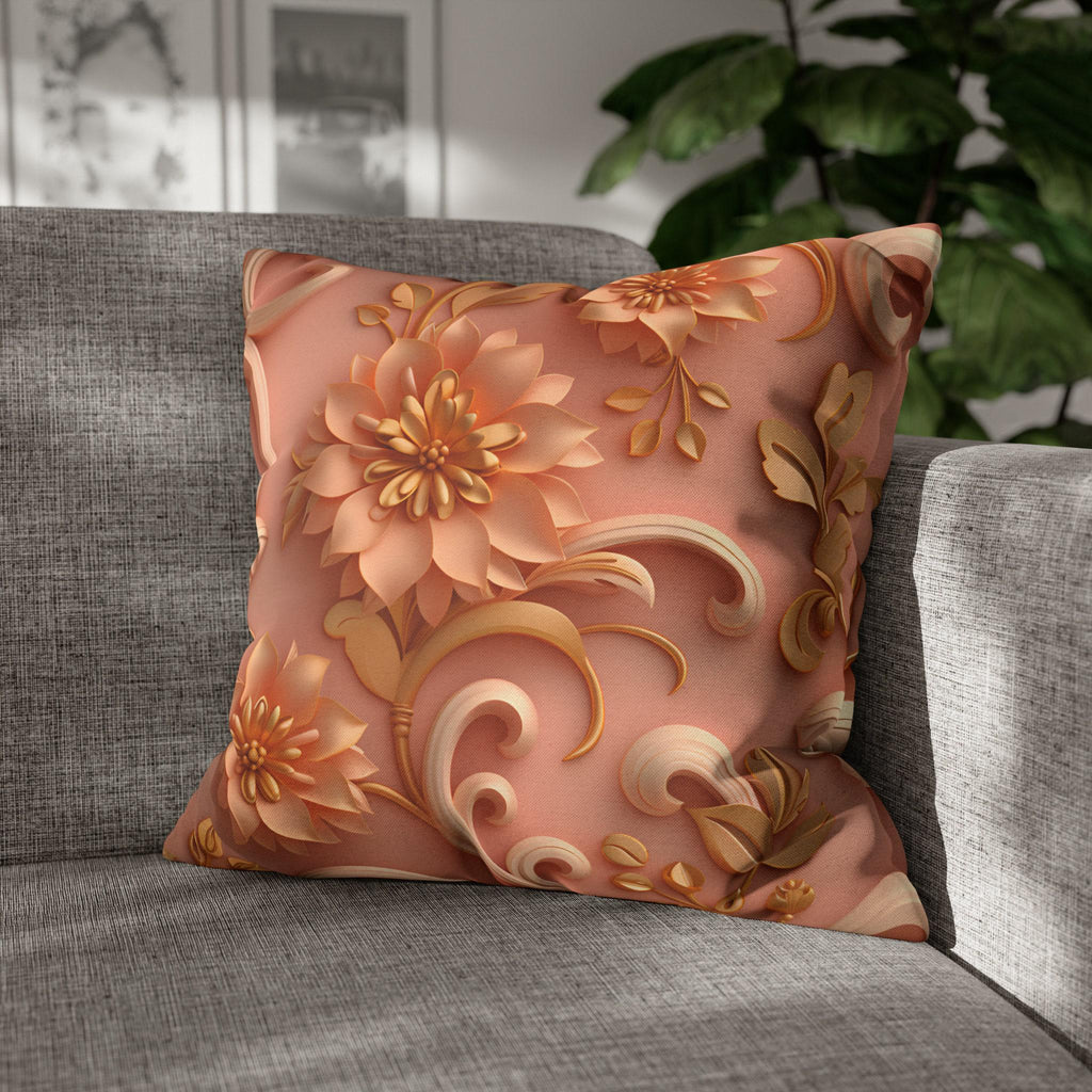 Peach Floral Rococo Pillow Cover: Gold Botanical Accent, Luxury Home Decor