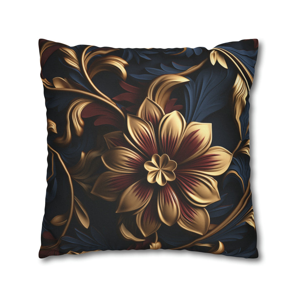 Luxurious Baroque Floral Pillow Cover: Burgundy & Gold on Navy Background, Ornate Design