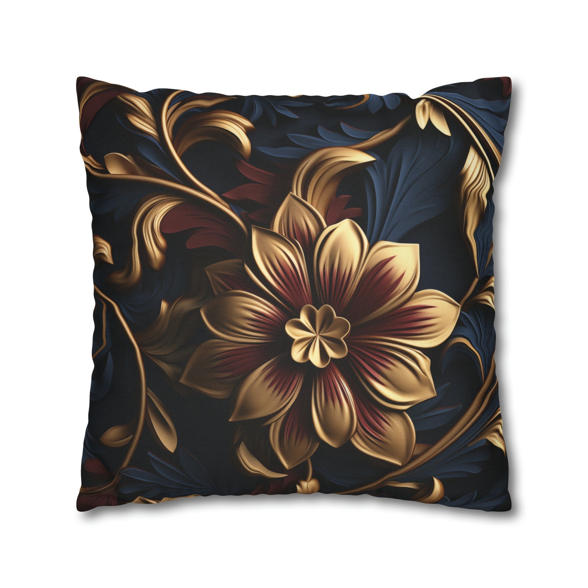 Luxurious Baroque Floral Pillow Cover: Burgundy & Gold on Navy Background, Ornate Design