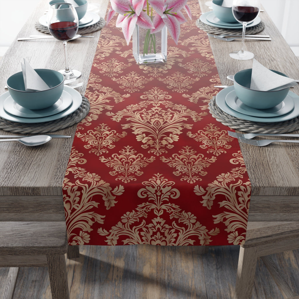 Red and Gold Damask Table Runner: Elegant Holiday Dining Decor