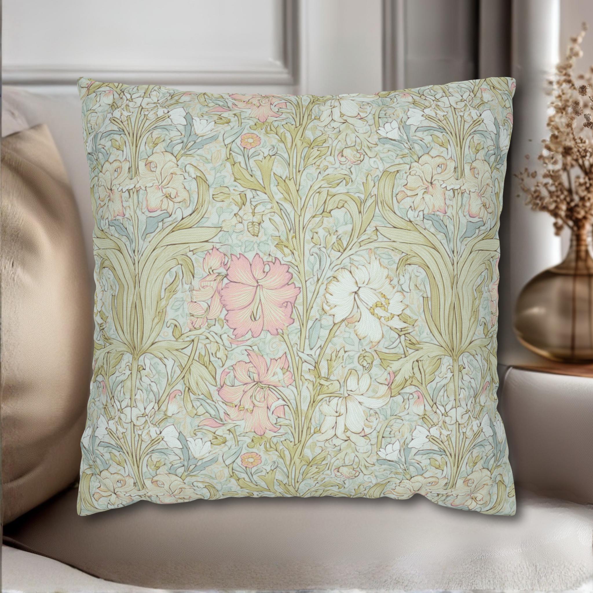 William Morris Style Pillow Cover: Soft Sage and Blush Botanical Ivory Cottage Decor