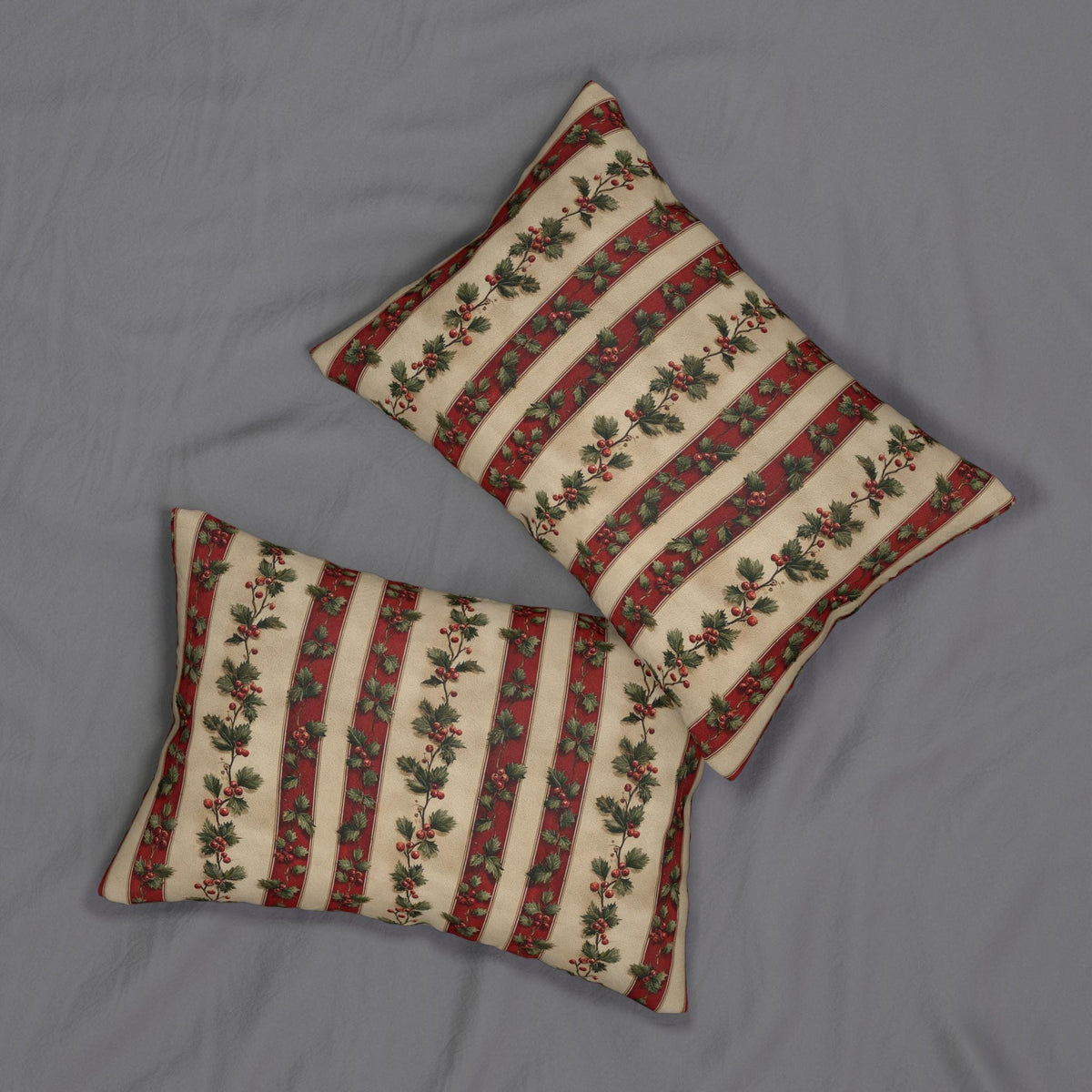 Striped Holly Christmas Lumbar PIllow: Red, Green, Cream Holiday Botanical Winter Decor