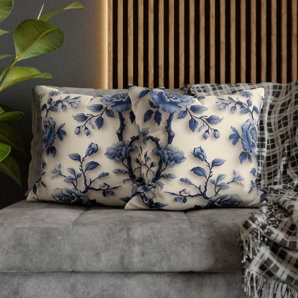Elegant Chinoiserie Blue Floral Pillow Cover: Porcelain-Inspired Off-White