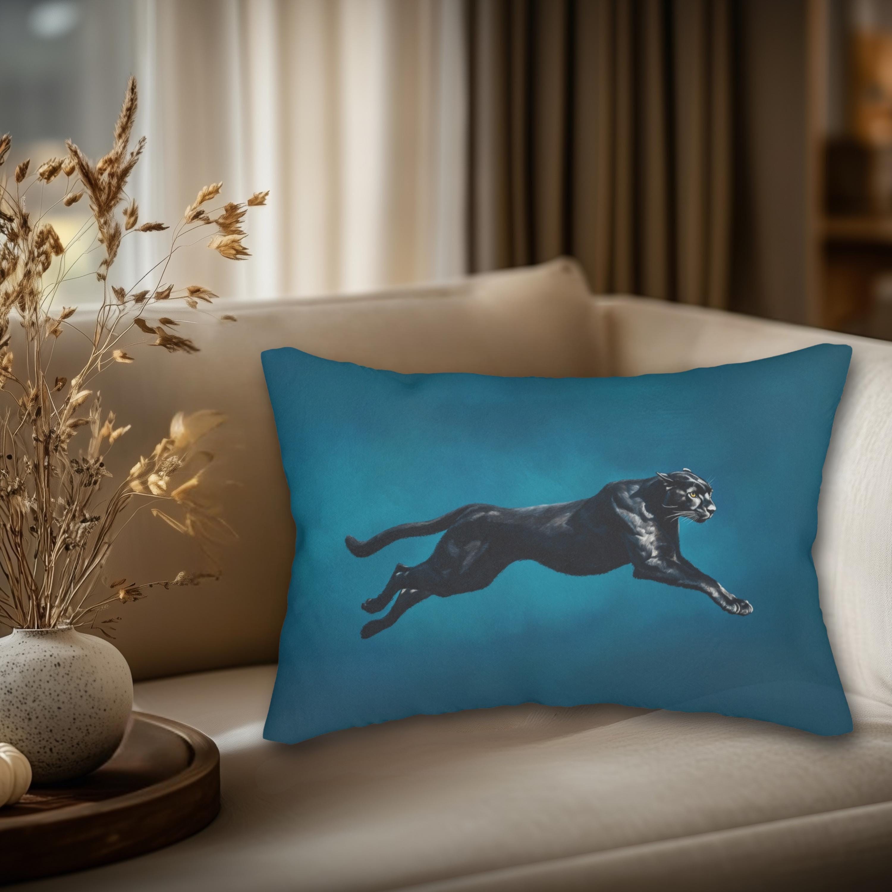 Midnight Pounce Lumbar Pillow: Black Puma on Sapphire-Blue Jewel Tone
