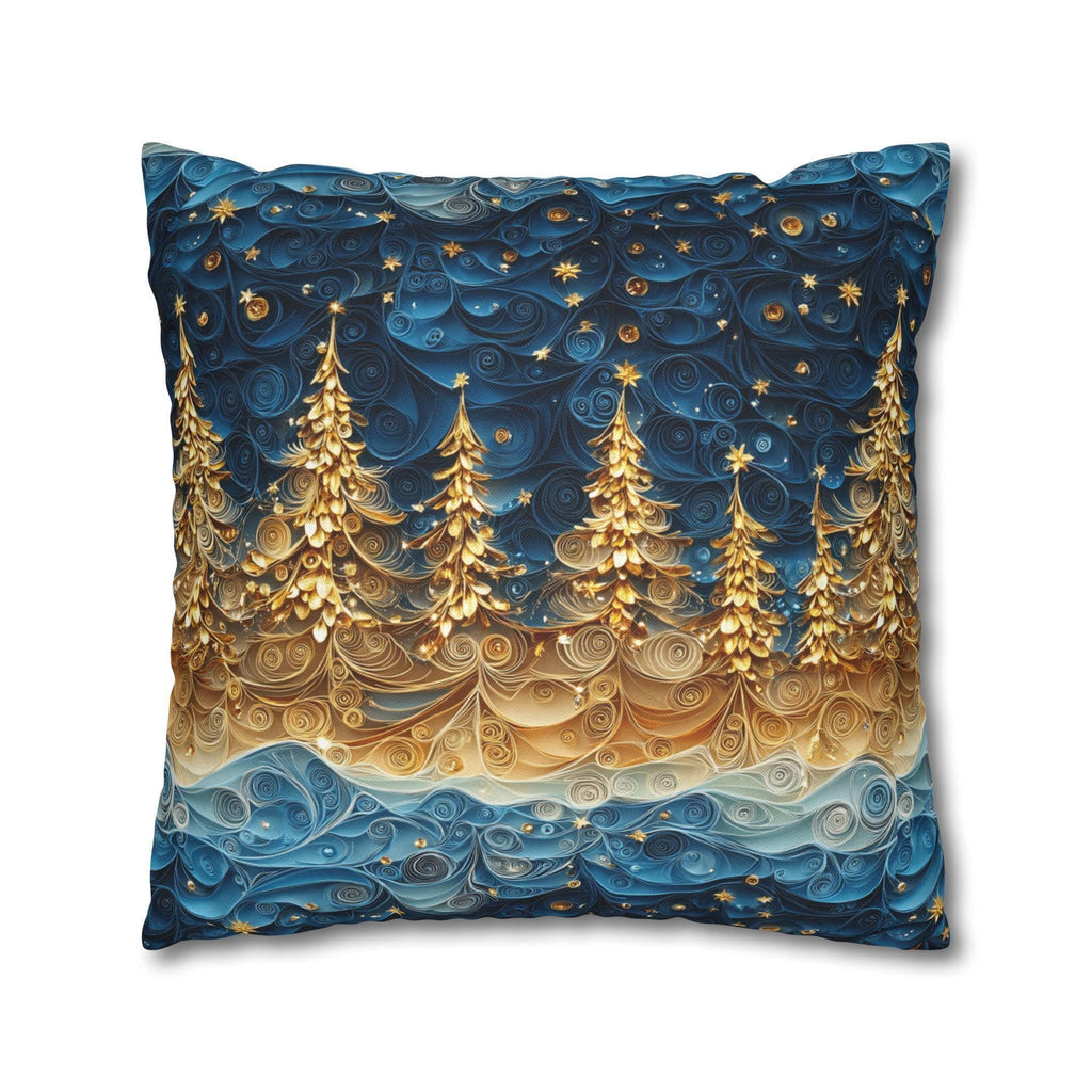 A Stary Night Christmas Pillow Cover, Paper Quilling-Inspired Design, Golden Trees Under a Winters night sky