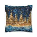 A Stary Night Christmas Pillow Cover, Paper Quilling-Inspired Design, Golden Trees Under a Winters night sky