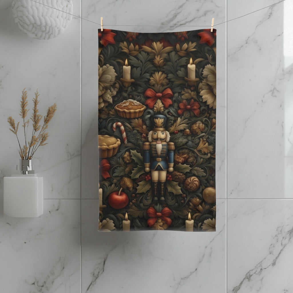 William Morris Christmas Nutcracker Tea Towel: Charcoal Red & Gold Holiday Botanical Kitchen Decor