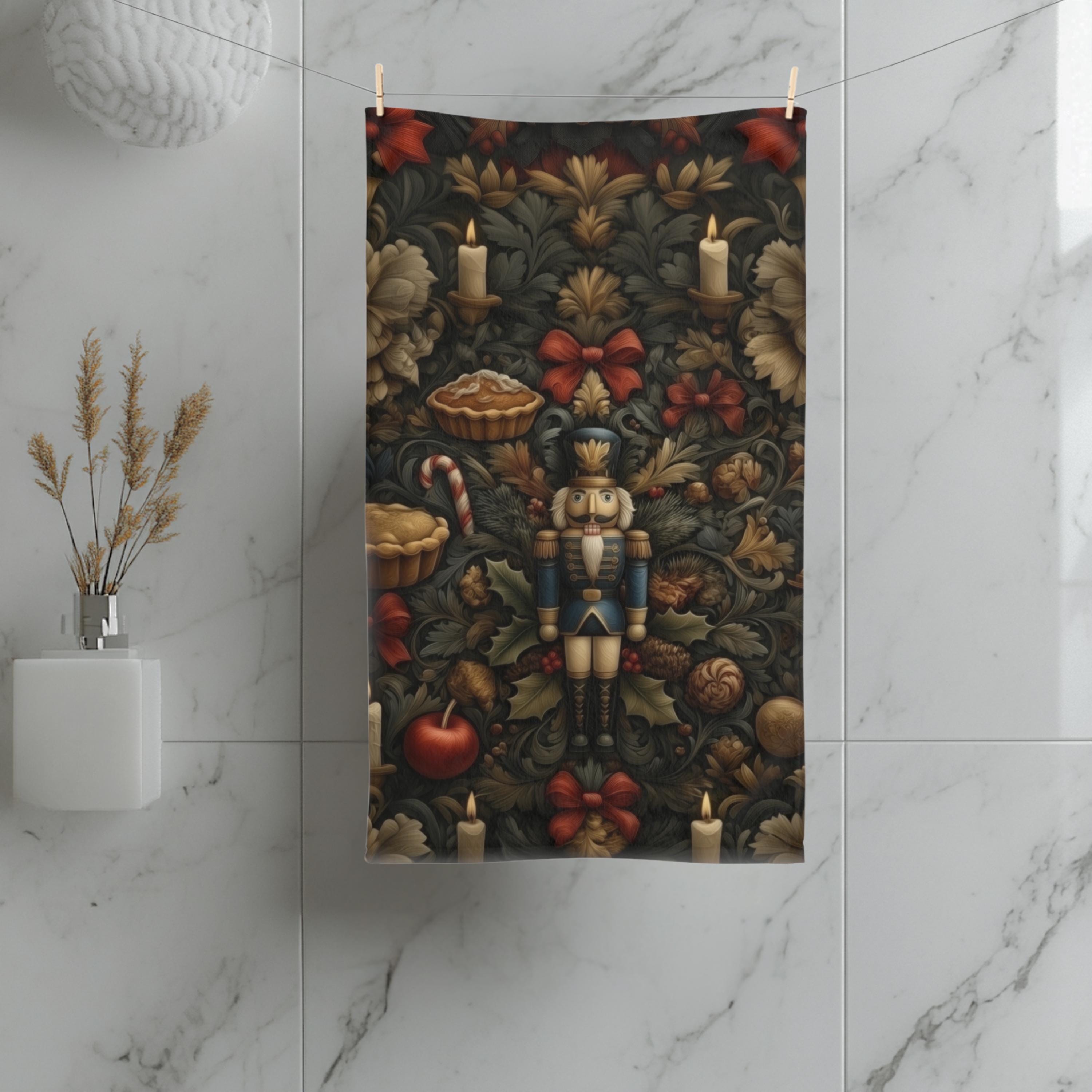 William Morris Christmas Nutcracker Tea Towel: Charcoal Red & Gold Holiday Botanical Kitchen Decor