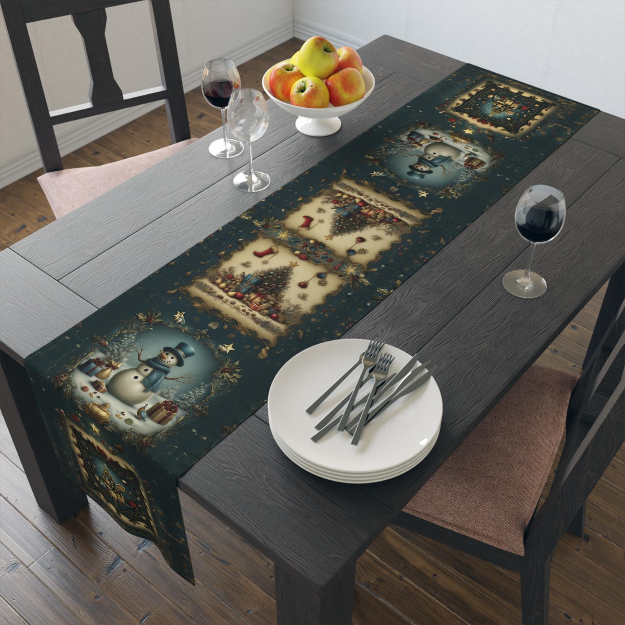 Christmas Vintage Style Table  Runner: Nostalgia Storybook Holiday Scene Collage