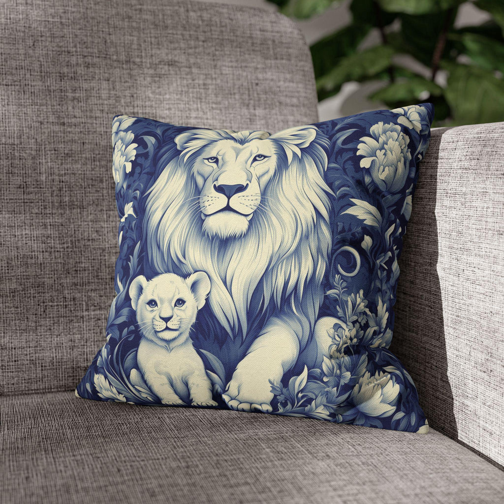 William Morris Inspired Lion Pillow Cover: Blue & White Floral Jungle Motif Decorative Cushion Case