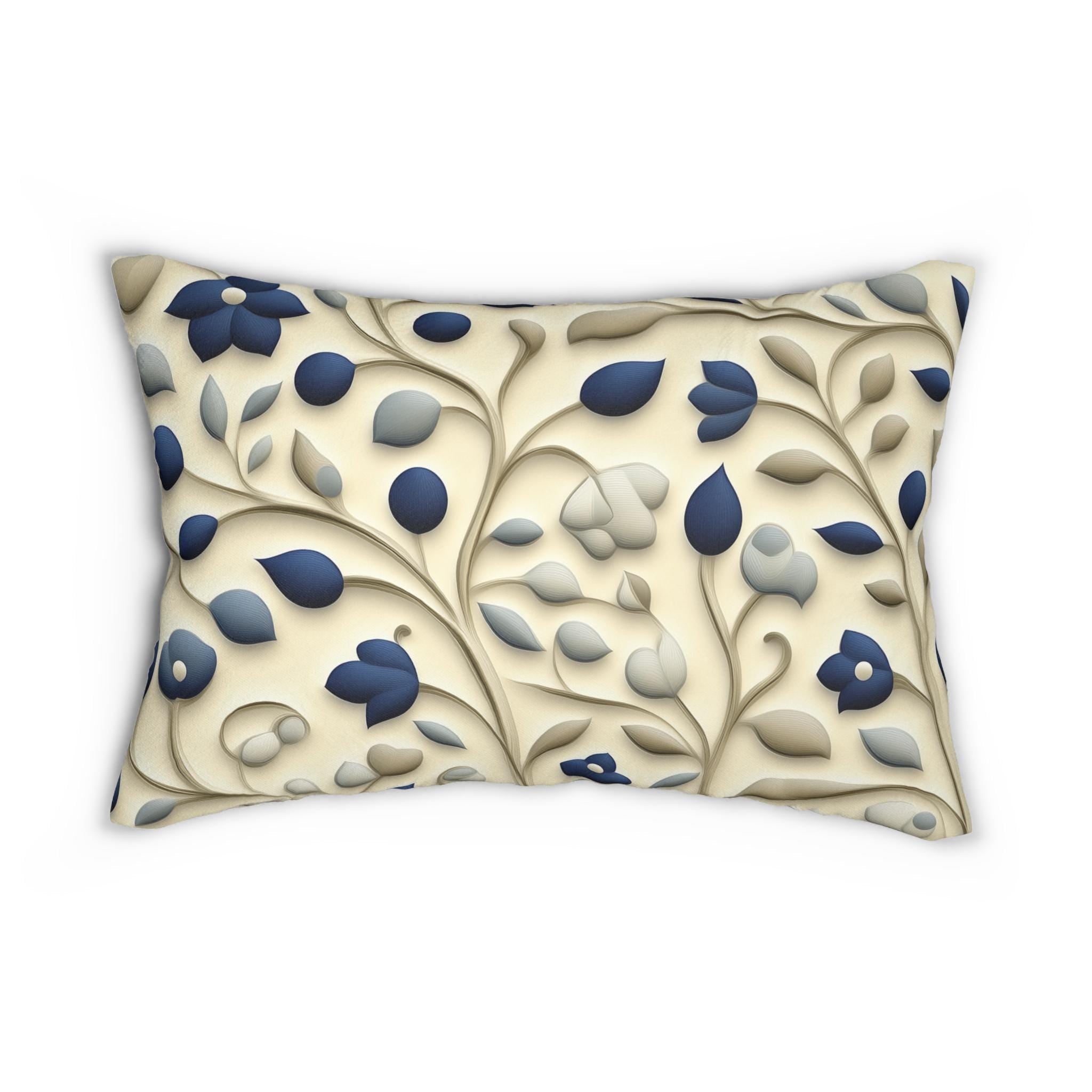 William Morris Inspired Lumbar Pillow: Navy & Taupe Floral Botanical