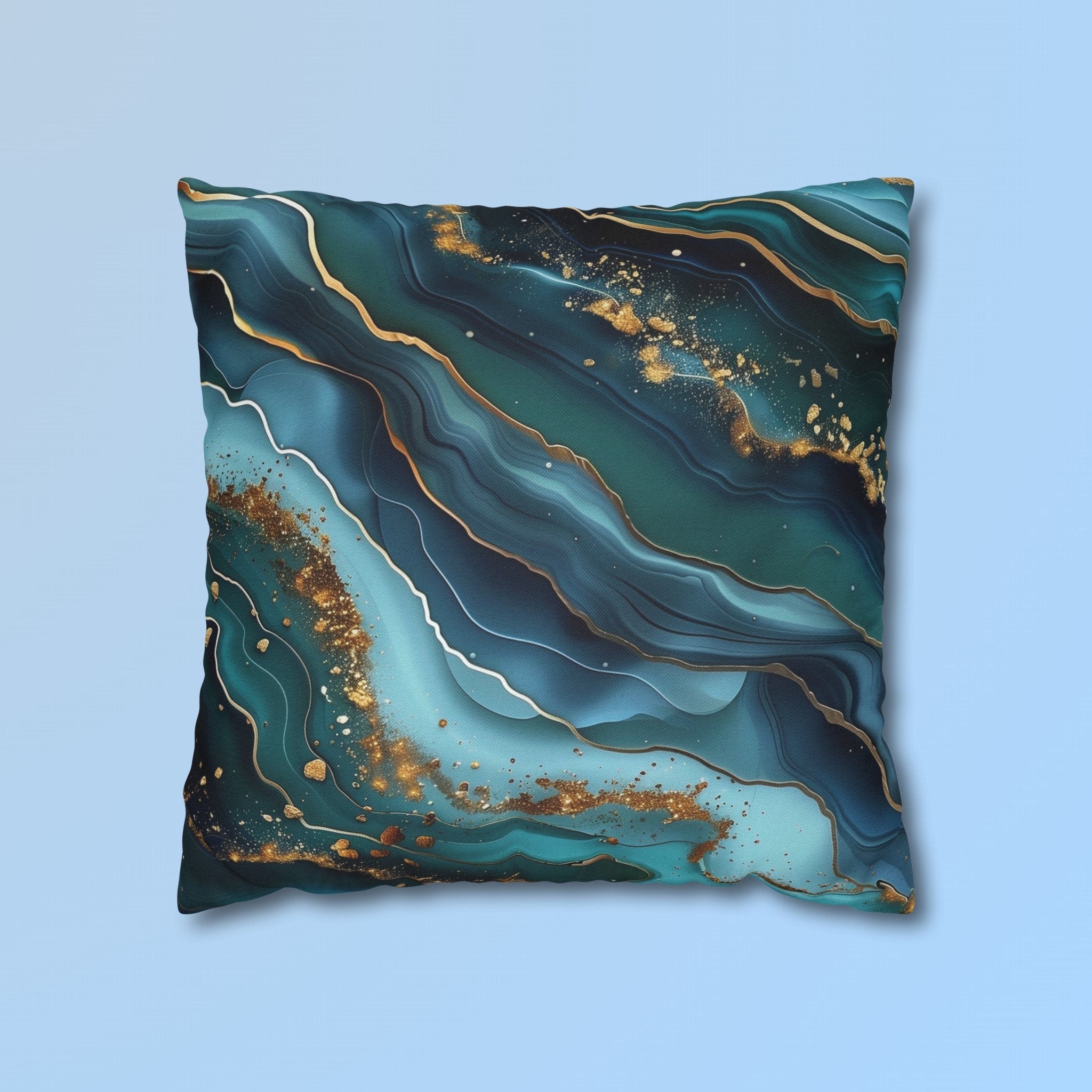 Teal Ocean Waves Pillow Cover: Blue & Gold Accent Cushion