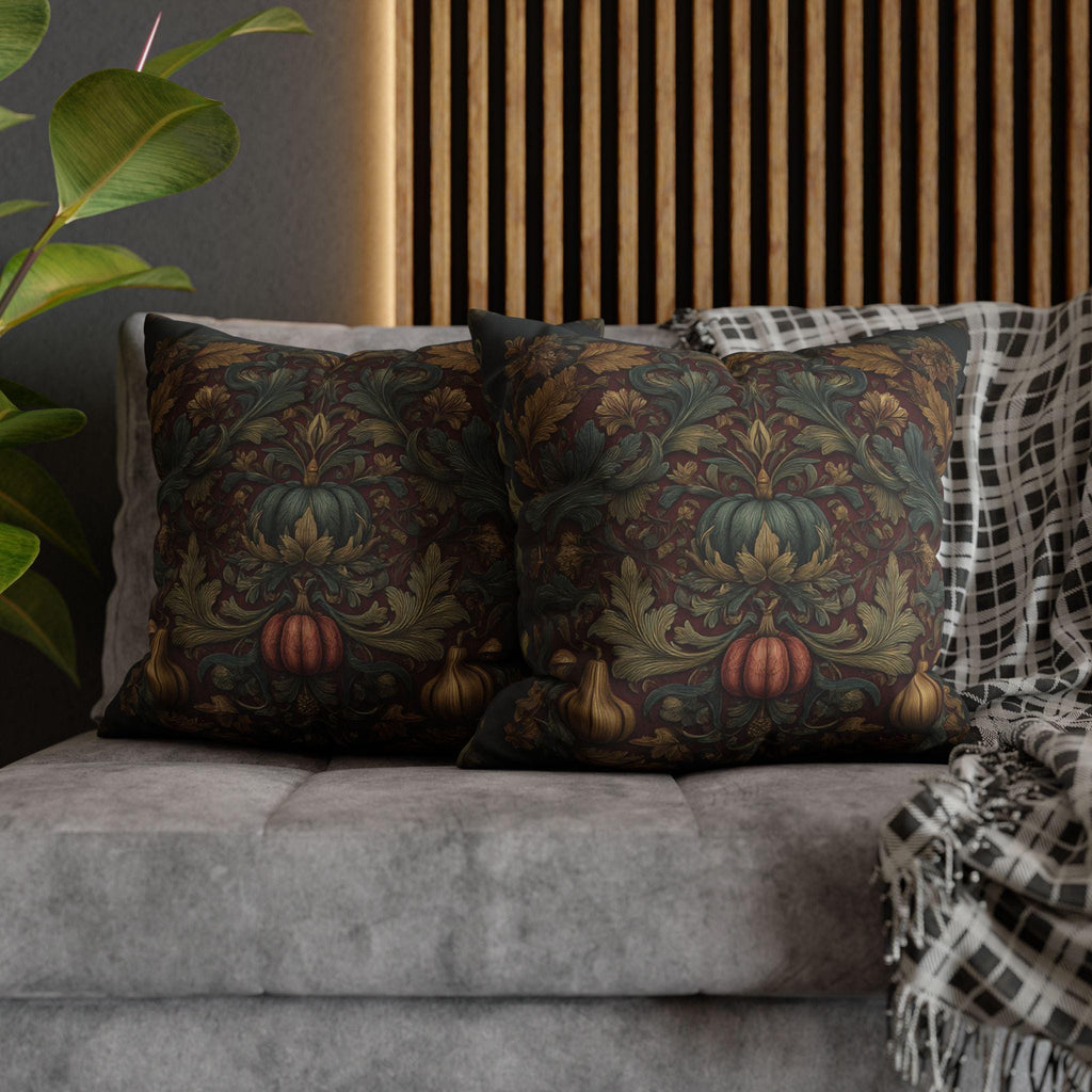 Fall Harvest Pillow Cover: William Morris Style with Pumpkins & Gourds on Merlot Red Wine