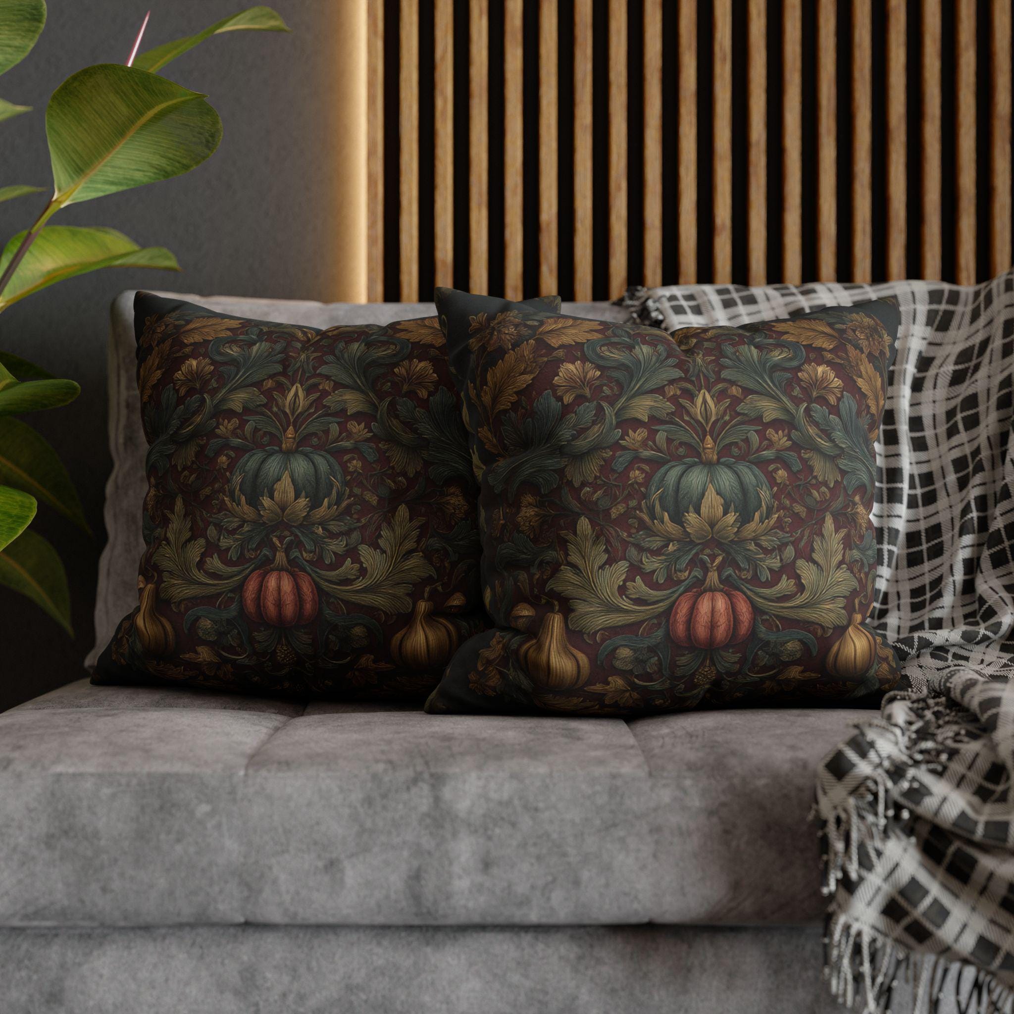 Fall Harvest Pillow Cover: William Morris Style with Pumpkins & Gourds on Merlot Red Wine