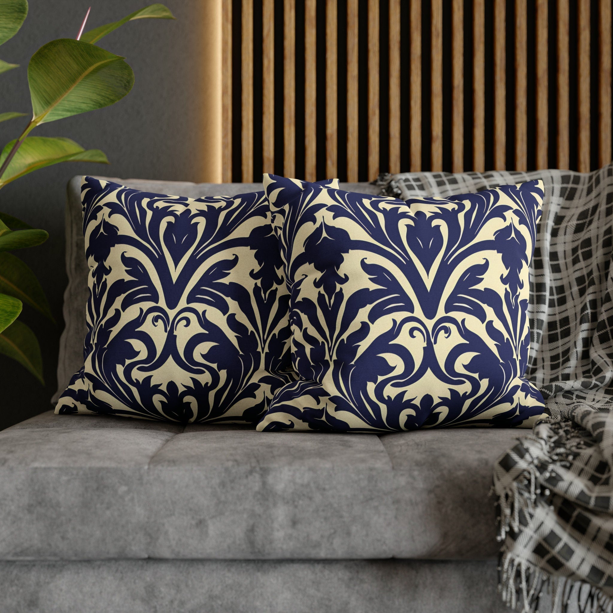 Art Nouveau Floral Pillow Cover, Deep Blue on Off-White