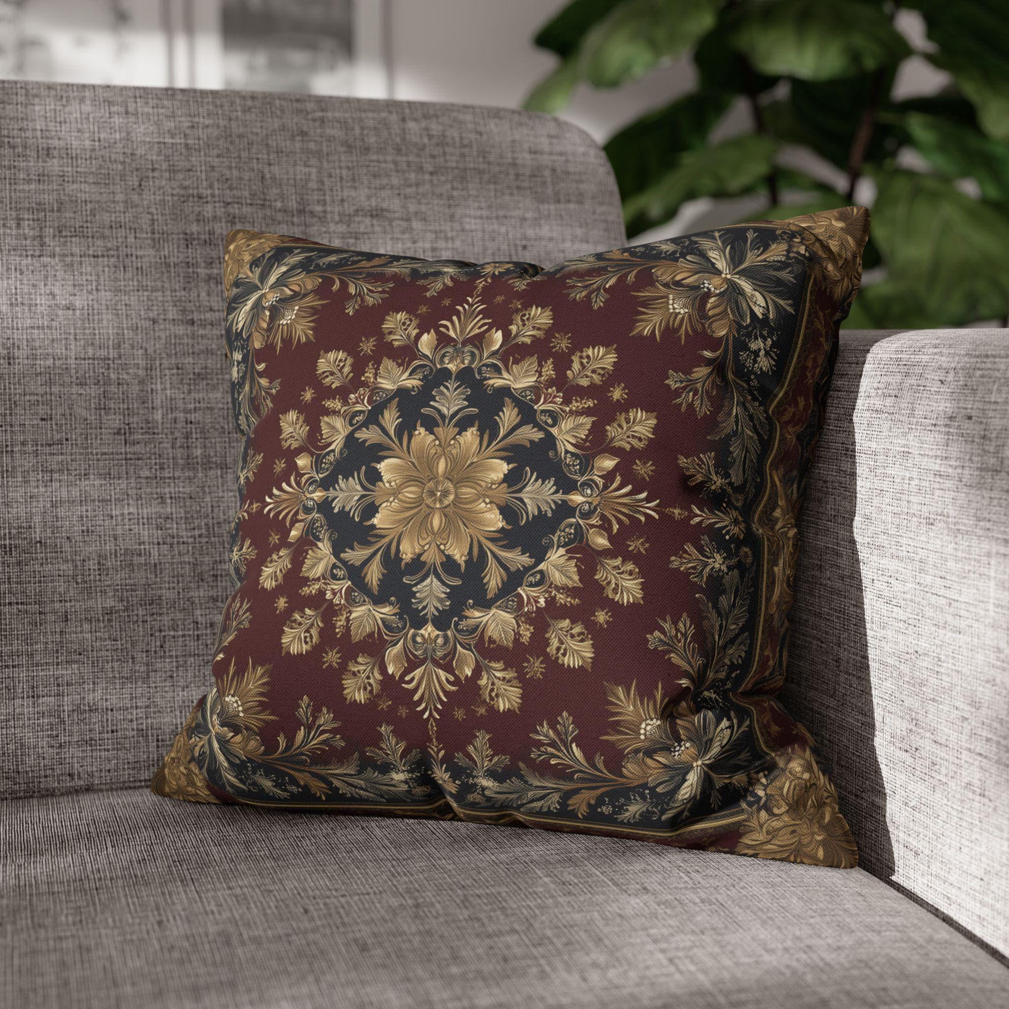 Vintage Inspired Pillow Cover: Gold Floral Burgundy Cushion