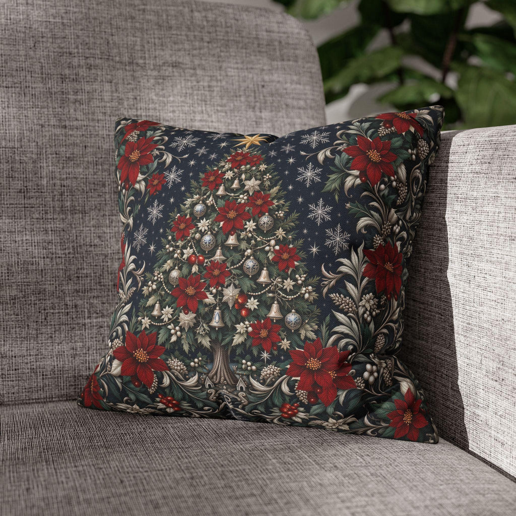 William Morris Christmas Pillow Cover: Navy Blue Poinsettia, Silver Snowflake Vintage Style Holiday