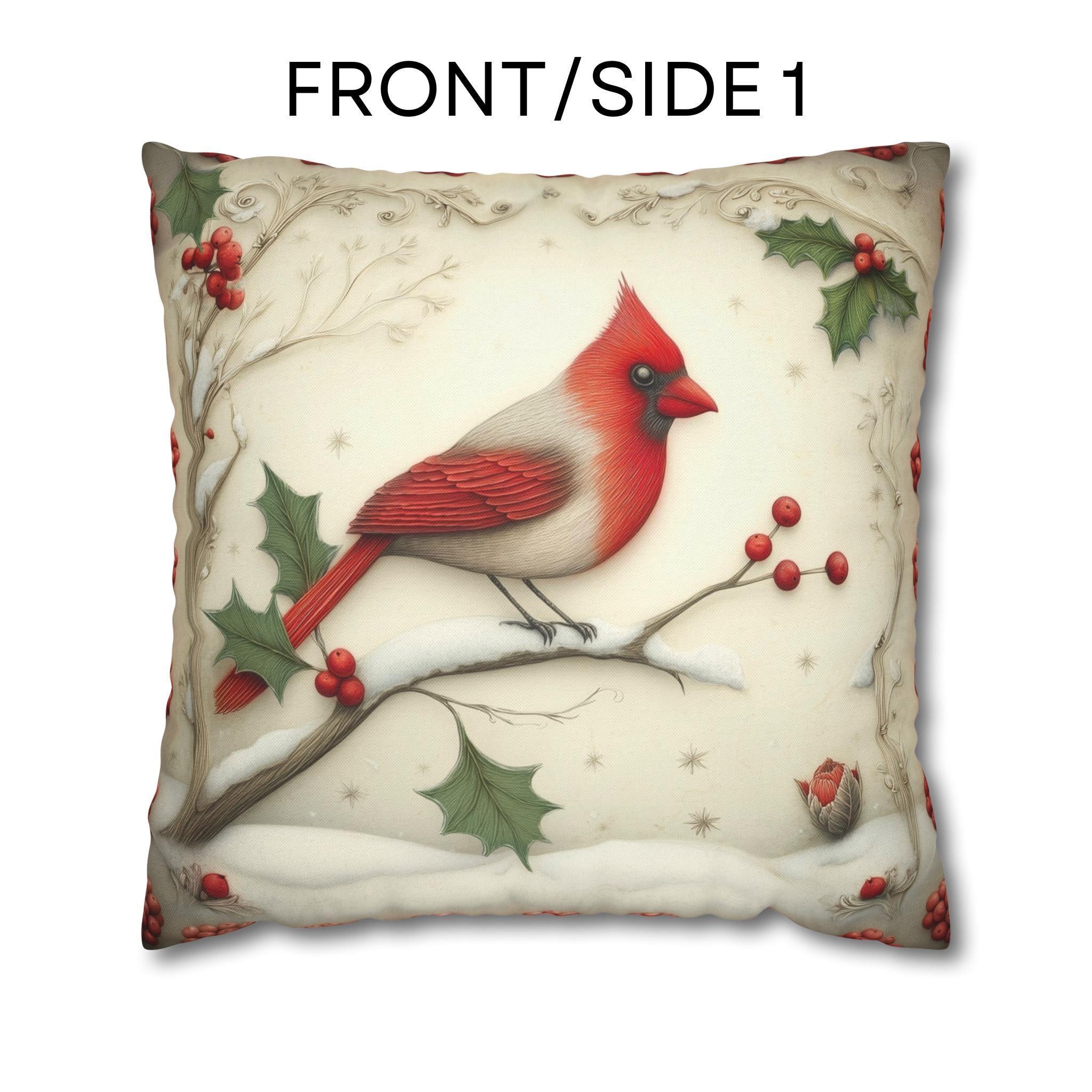Cardinal in Winter Pillow Cover: Vintage Style Holiday Bird & Snowy Branches Accent