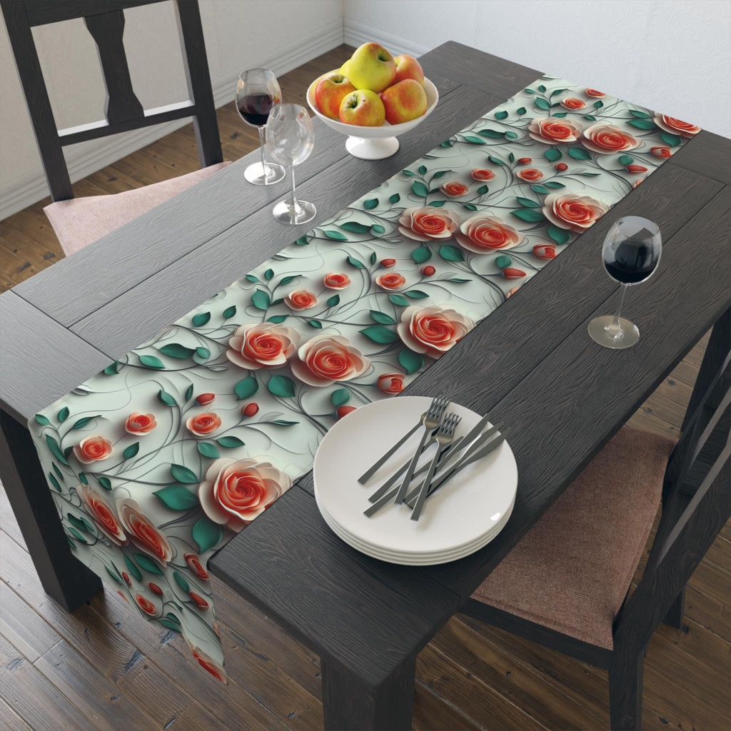 Red Coral Rose Table Runner: Romantic Floral Dining Decor