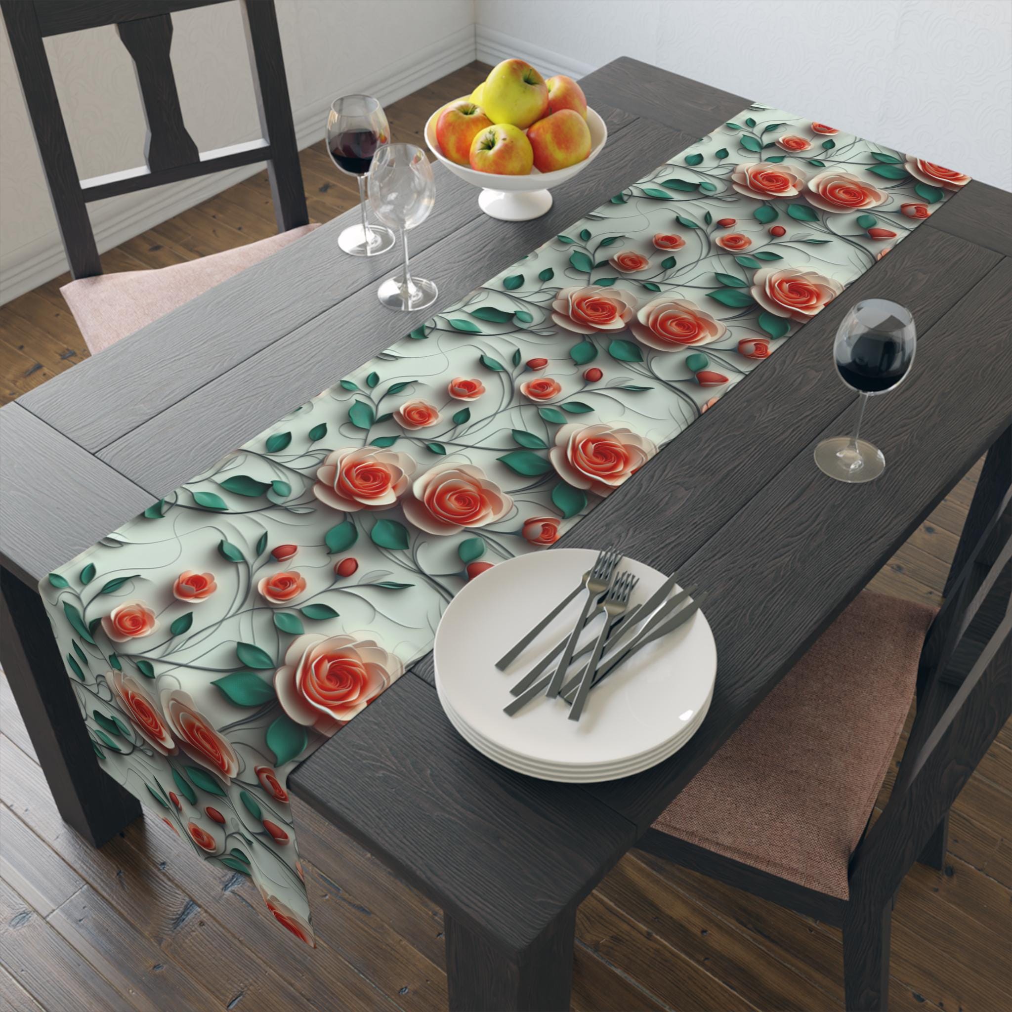 Red Coral Rose Table Runner: Romantic Floral Dining Decor