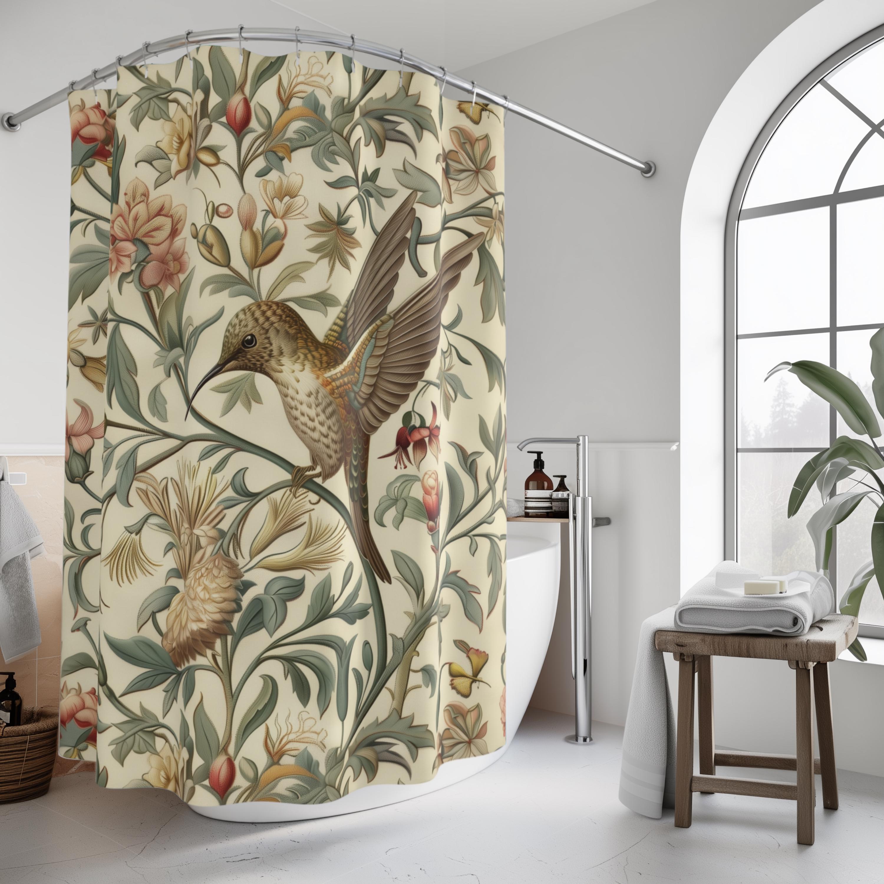 Elegant William Morris Inspired Botanical Shower Curtain: Vintage Style Hummingbird Floral Garden Bath Decor