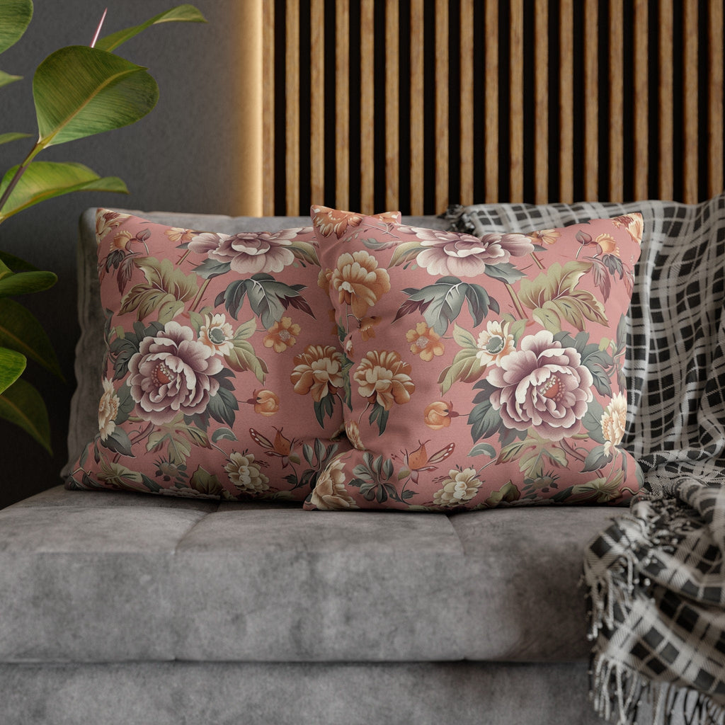 Rococo-Inspired Floral Pillow Cover: Dusty Pink Elegance with Mauve, Cream, Peach & Green Blooms